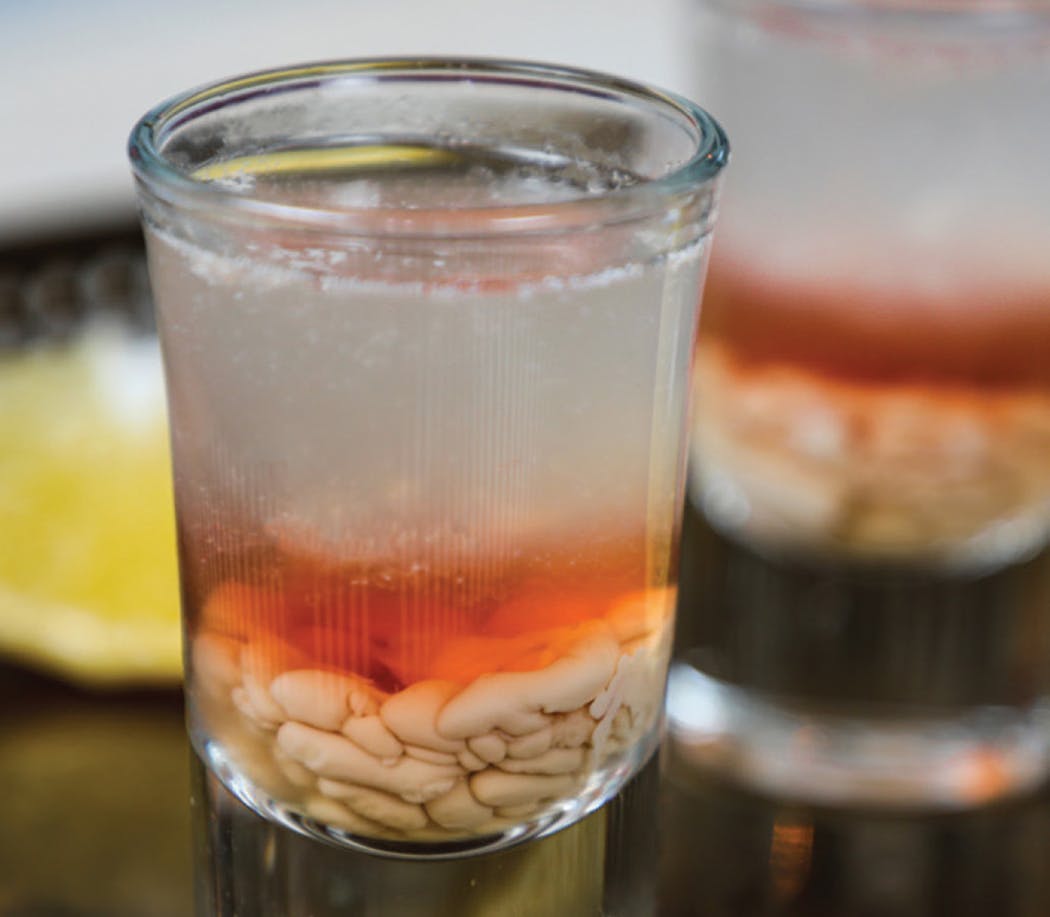 The eerie-looking Monkey Brains Shot is inspired by the movie “28 Days Later.” From “The Horror Movie Night Cookbook” by Richard S. Sargent (Ulysses, 2023).