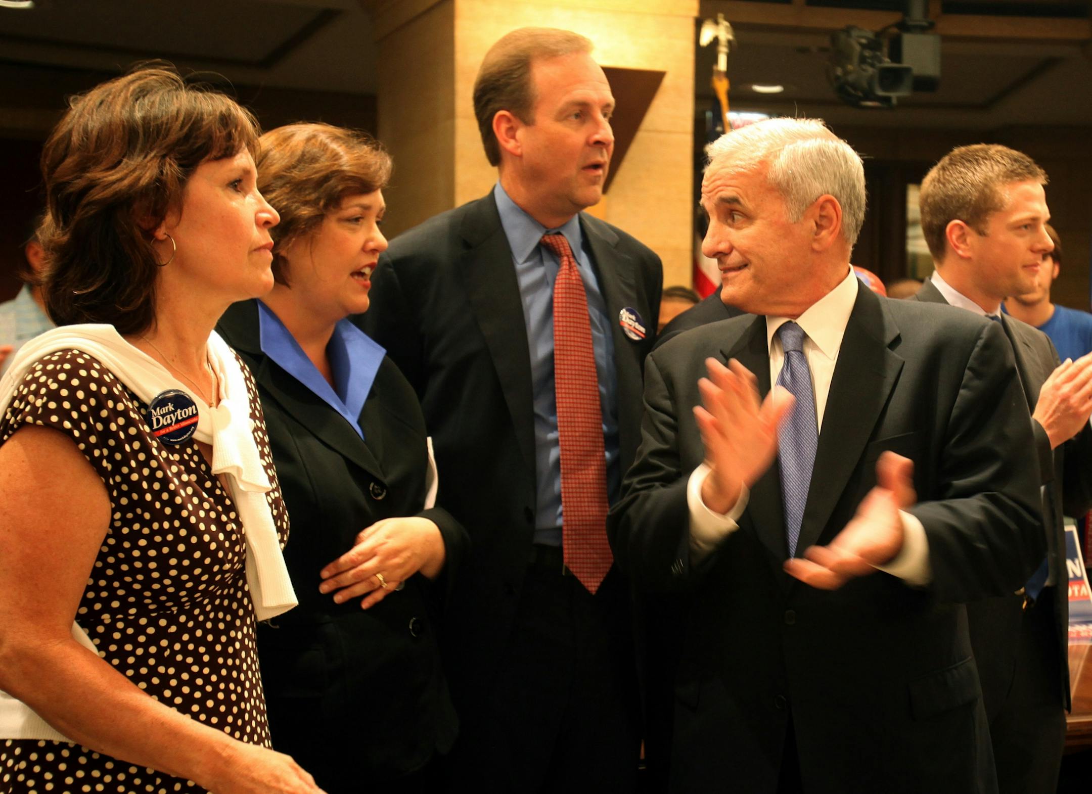 Mark Dayton, at right at a DFL unity rally Wednesday with, from left, Rep. Betty McCollum, Margaret Anderson Kelliher and Matt Entenza, lost big to Kelliher in Hennepin and Ramsey counties.