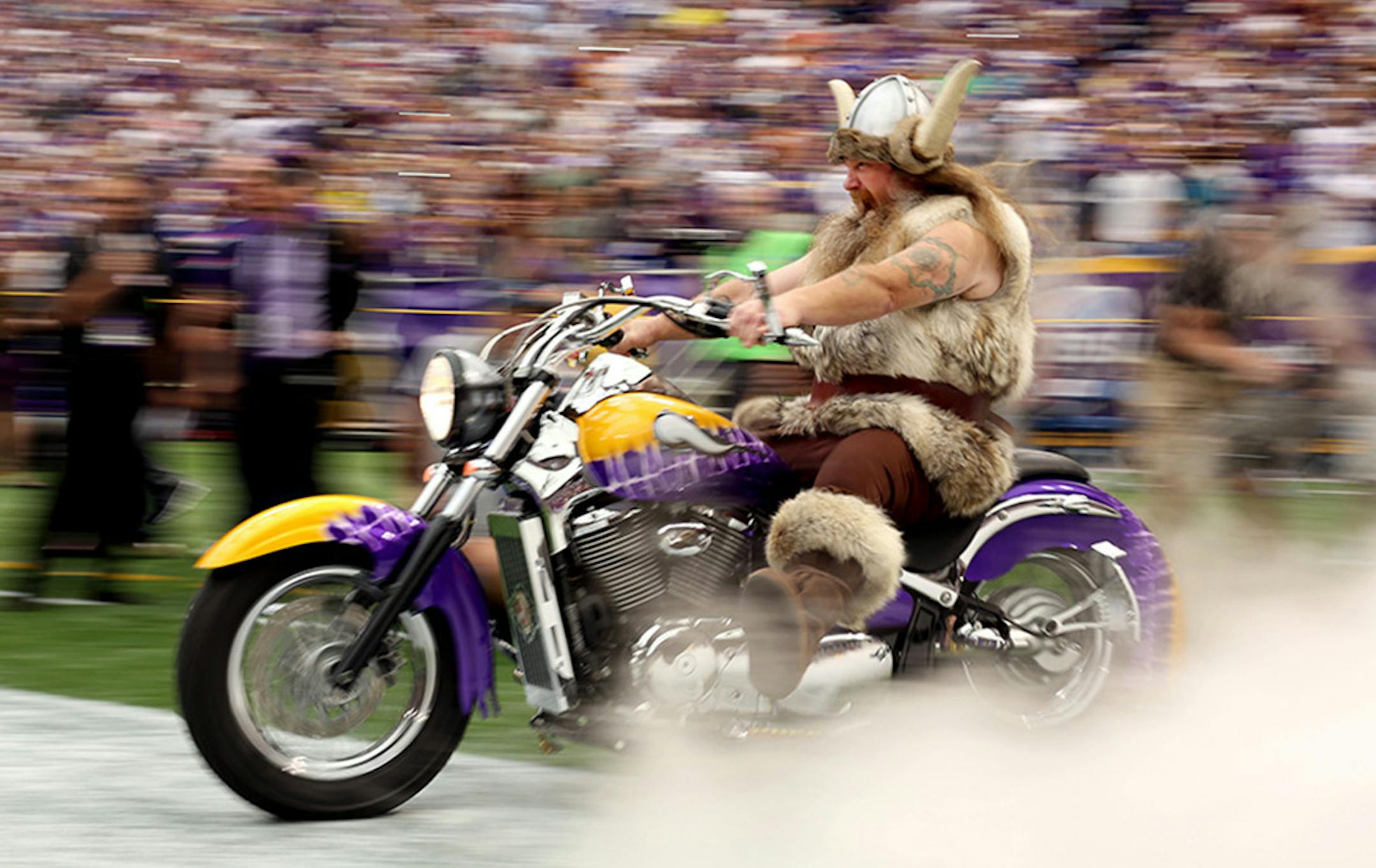 The Minnesota Vikings mascot Ragnar rode onto the field before team introductions during the Minnesota Vikings vs. Jacksonville Jaguars. September 9, 2012, Minneapolis, Minn, at the Metrodome, Mall America Field. ORG XMIT: MIN1209091247483142
