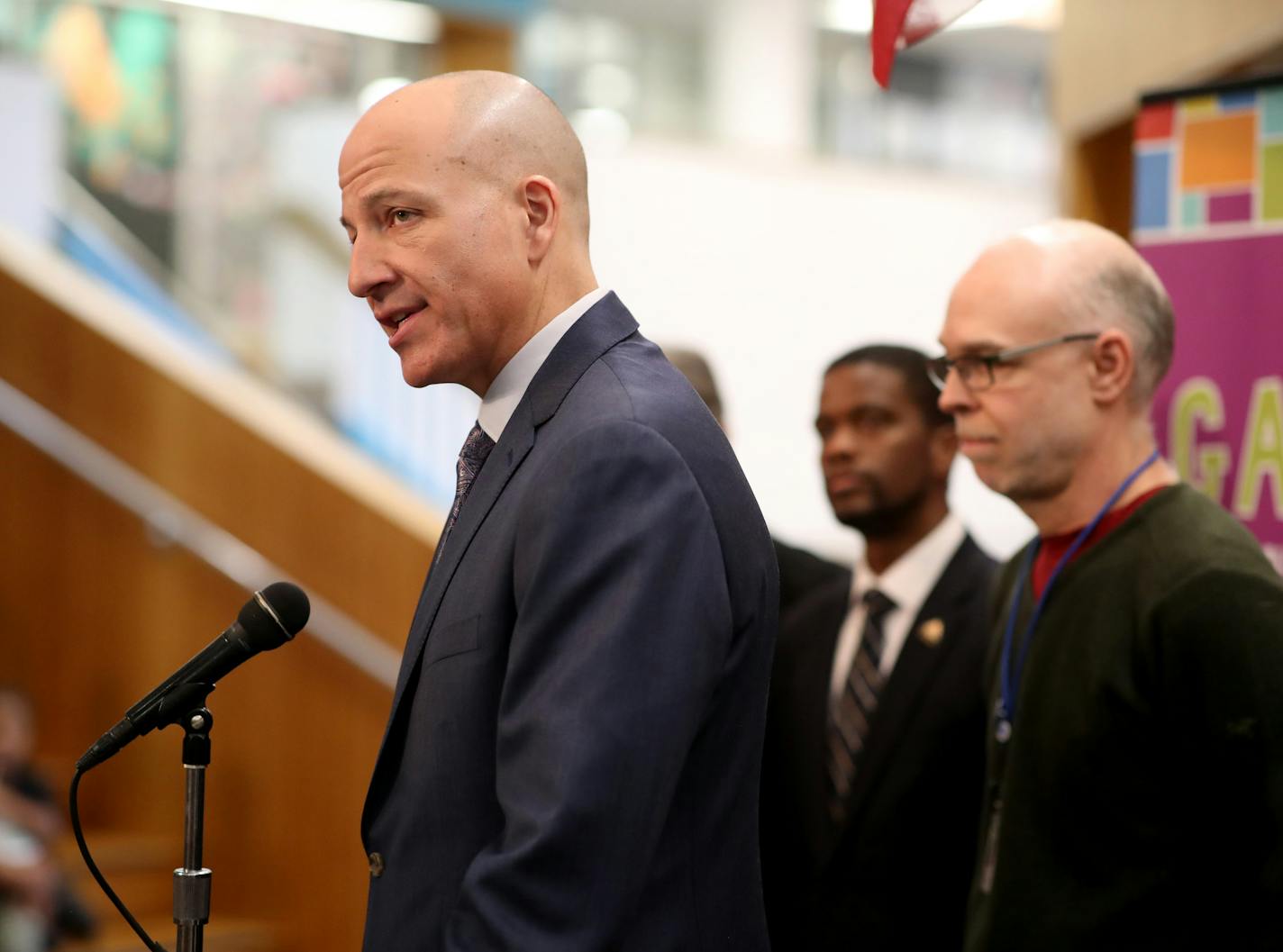 St. Paul Superintendent Joe Gothard left spoke about the St. Paul Federation of Teachers reaching an tentative agreement early Monday, averting a strike that was scheduled to start on Tuesday at Galtier Community School Monday Feb 12, 2018 in St. Paul, MN. Standing next to Gothard is St. Paul Mayor Melvin Carter, and SPFT union president Nick Faber.] JERRY HOLT &#x2022; jerry.holt@startribune.com