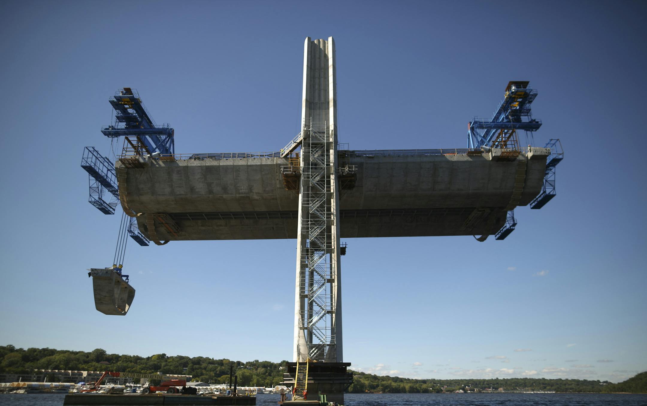 A segment was lifted from a barge beneath pier 9 of the St. Croix Crossing project under construction Thursday afternoon on the St. Croix River near Stillwater. ] JEFF WHEELER • jeff.wheeler@startribune.com Problems with ironwork on the St. Croix River bridge were reported to project leaders months before last week's announcement of a major delay in the construction schedule. The St. Croix Crossing construction project was photographed Thursday afternoon, September 10, 2015 on the water o