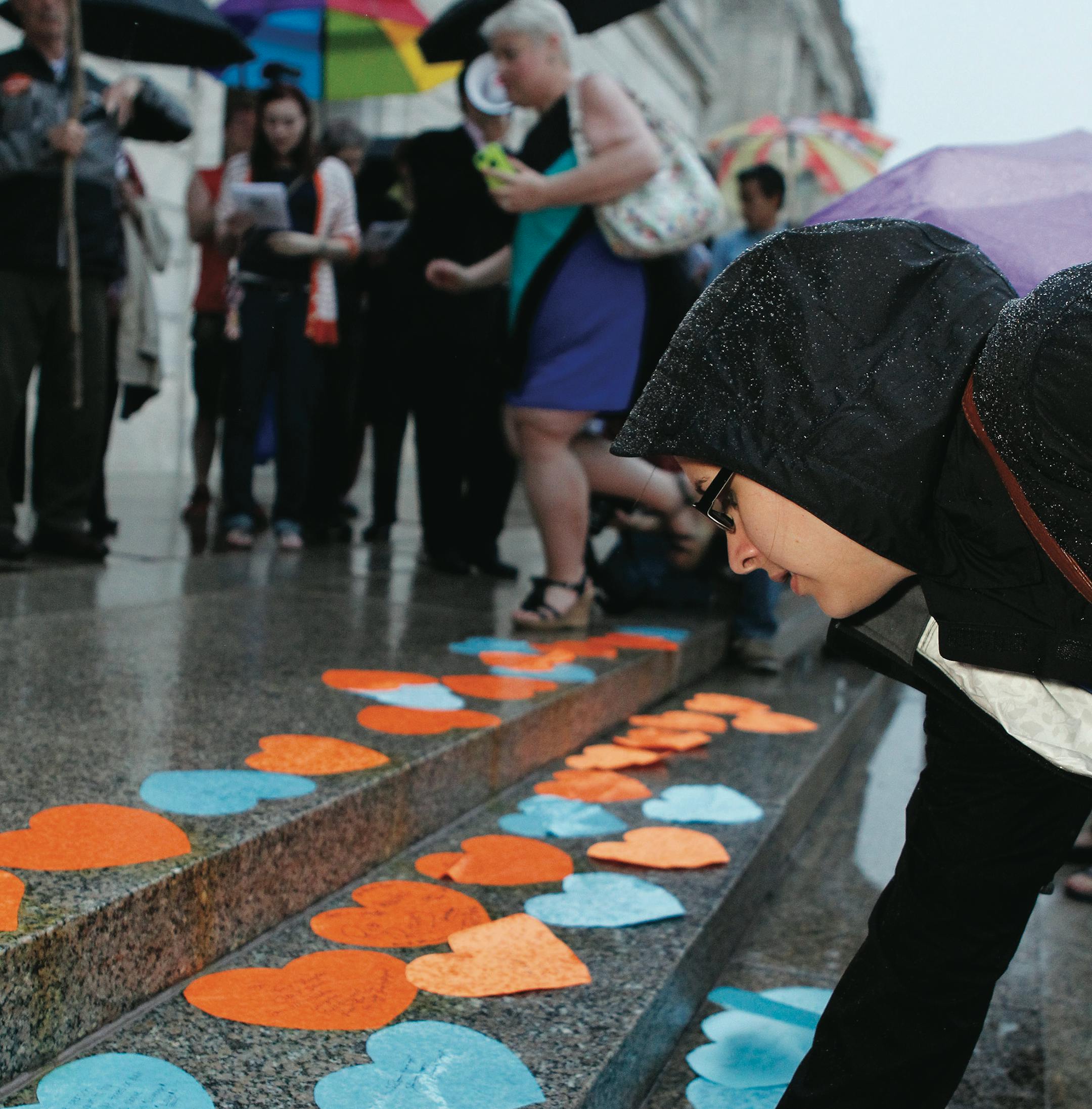 Supporters of a same-sex marriage bill place hearts on the steps of the Minnesota State Capitol in St. Paul, Minn., on Wednesday May 8, 2013. The Minnesota House is scheduled to debate and vote Thursday on a measure that would make the state the 12th in the country to allow gay marriage. (AP Photo/Andy Clayton King) ORG XMIT: MIN2013050918235850