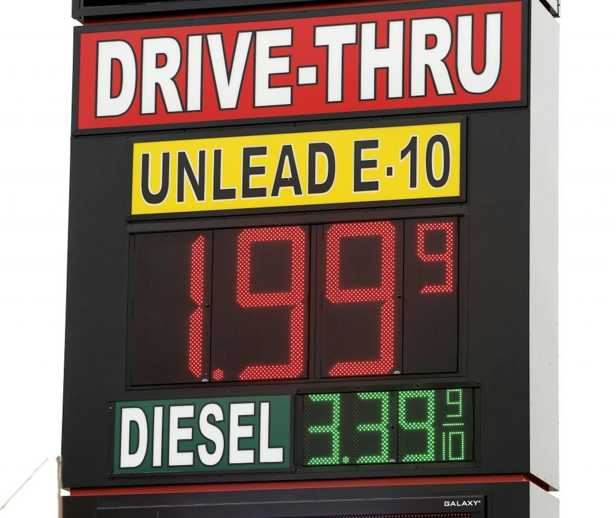 A sign displays the price for E-10 gasoline for $1.99 at the OnCue convenience store and gas station, Wednesday, Dec. 3, 2014, in Oklahoma City. (AP Photo/The Oklahoman, Paul B. Southerland) LOCAL STATIONS OUT (KFOR, KOCO, KWTV, KOKH, KAUT OUT); LOCAL WEBSITES OUT; LOCAL PRINT OUT (EDMOND SUN OUT, OKLAHOMA GAZETTE OUT) TABLOIDS OUT