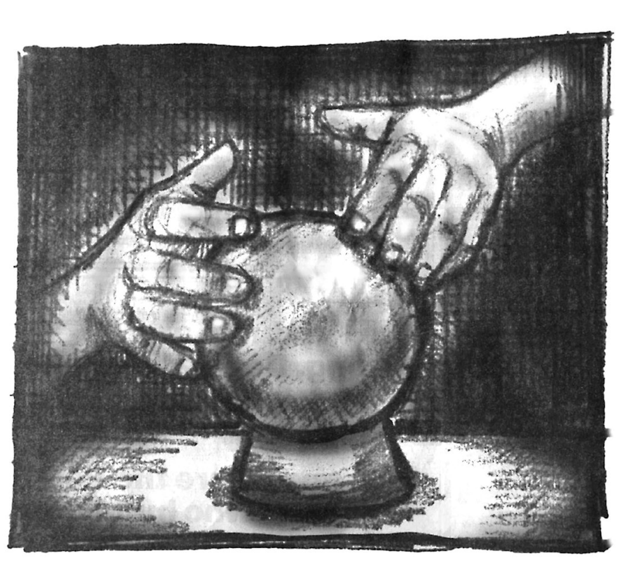 Size as needed, Brent Castillo B&W illustration of hands touching a crystal ball. The Wichita Eagle, 1995. With SIMPLIFY-2, Knight-Ridder by Karen Shideler CATEGORY: ILLUSTRATION SUBJECT: SIMPLIFY-2 illus ARTIST: Brent Castillo ORIGIN: Wichita Eagle TYPE: TIFF LZW SIZE: As needed ENTERED: 11/3/95 REVISED: STORY SLUG: SIMPLIFY-2, Knight-Ridder by Karen Shideler illustration,feature,life,stress,depression,business,prediction,futures,stock,stocks,bond,bonds,earnings,economy,GDP,health,medicine,psyc