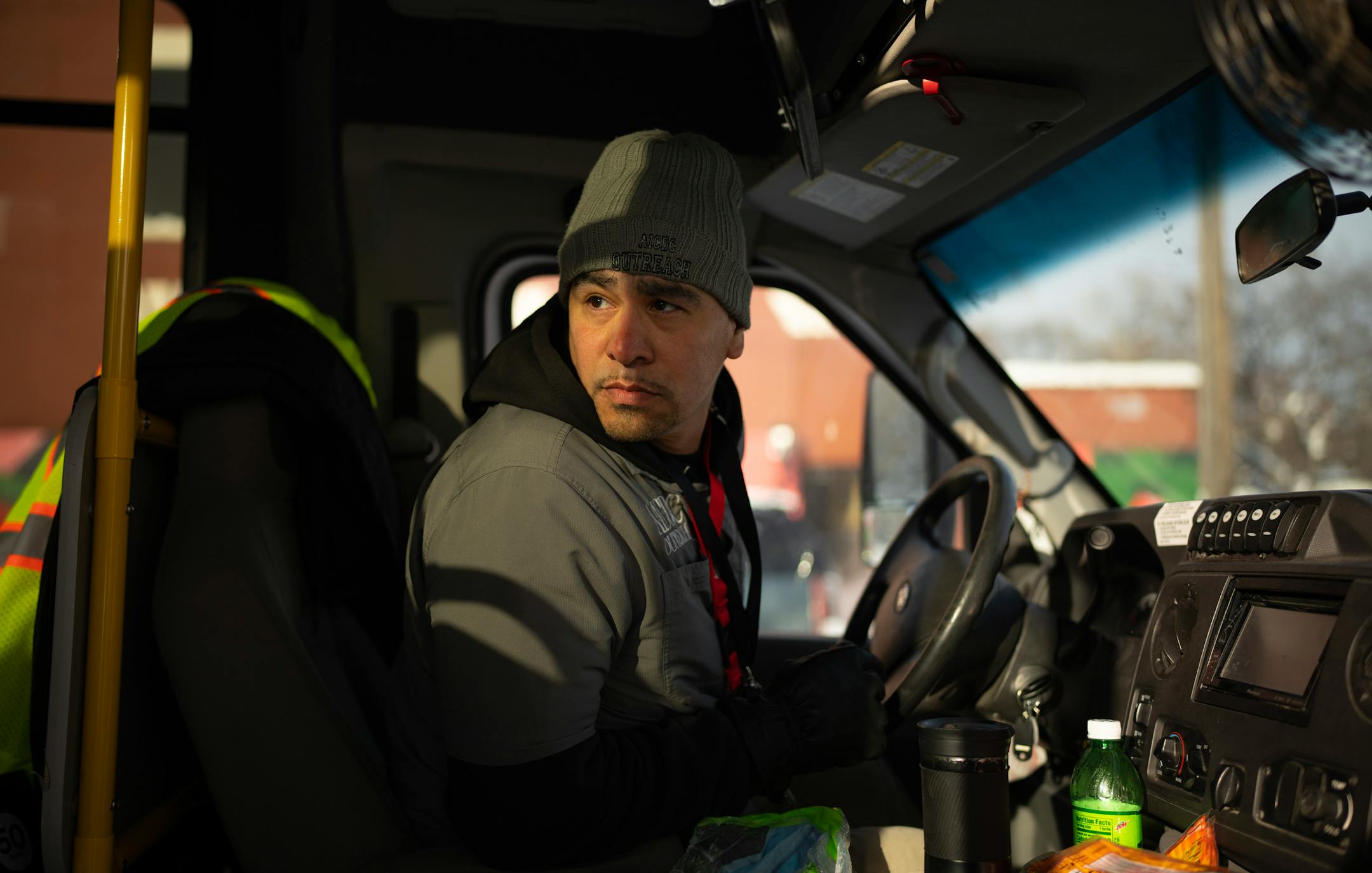 Vinny Dionne pulled away in the outreach van after he stopped at a small encampment along Cedar Ave. to offer hand warmers and a bottled water to two men he found in tents there Thursday afternoon. Homeless outreach workers from the American Indian Community Development Corp. (AICDC), checked several homeless encampments to offer hand warmers and snacks or a ride to a shelter on a dangerously cold afternoon in Minneapolis Thursday, December 22, 2022.