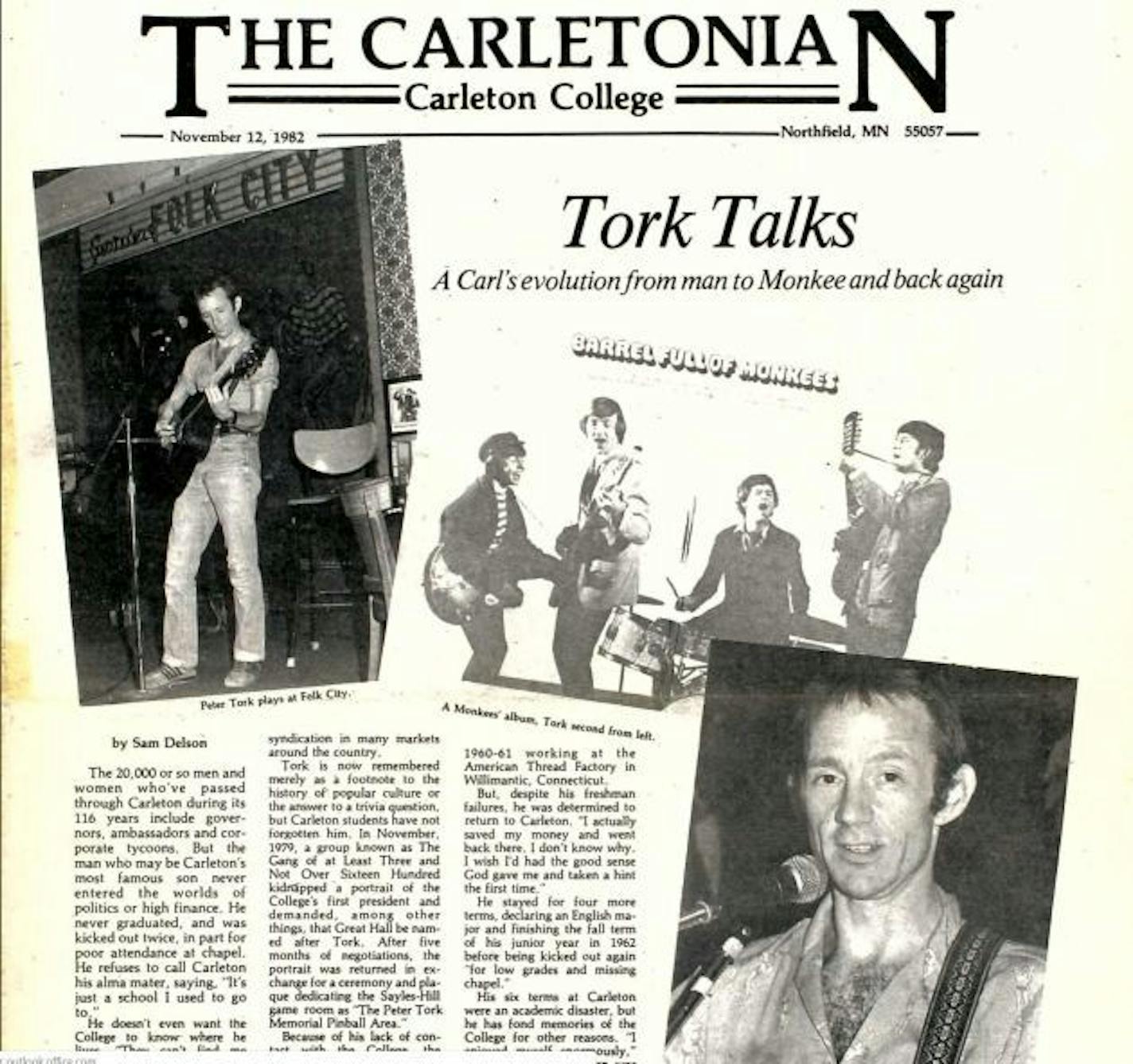 Tork talked about his Carleton years in the school's newspaper in 1982.