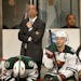 Minnesota Wild coach Mike Yeo and players on the bench in the final minutes of the game. Chicago beat Minnesota by a final score of 4-1. ] CARLOS GONZ