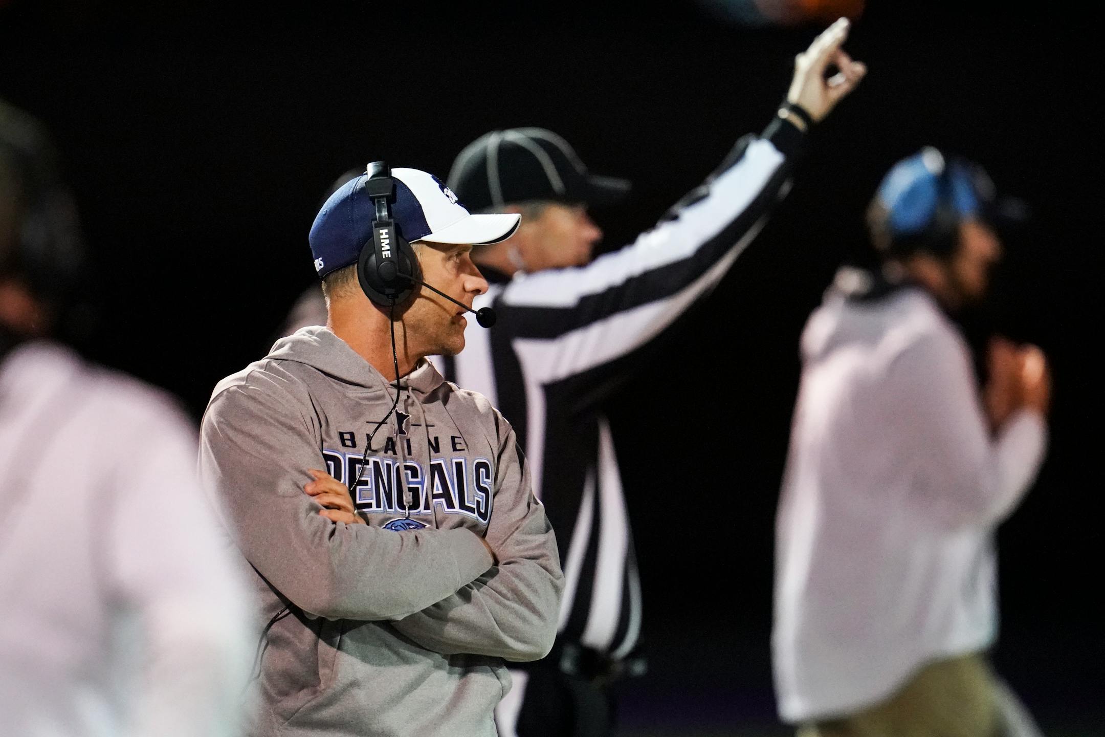Blaine coach Ben Geisler watched the game from the sidelines in the fourth quarter Friday during a 56-20 victory over Cretin-Derham Hall at the Unversity of St. Thomas.