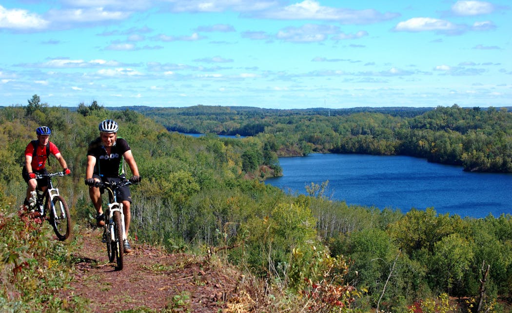 Passing the Pennington Overlook at the Cuyuna Lakes Mountain Bike Trails.