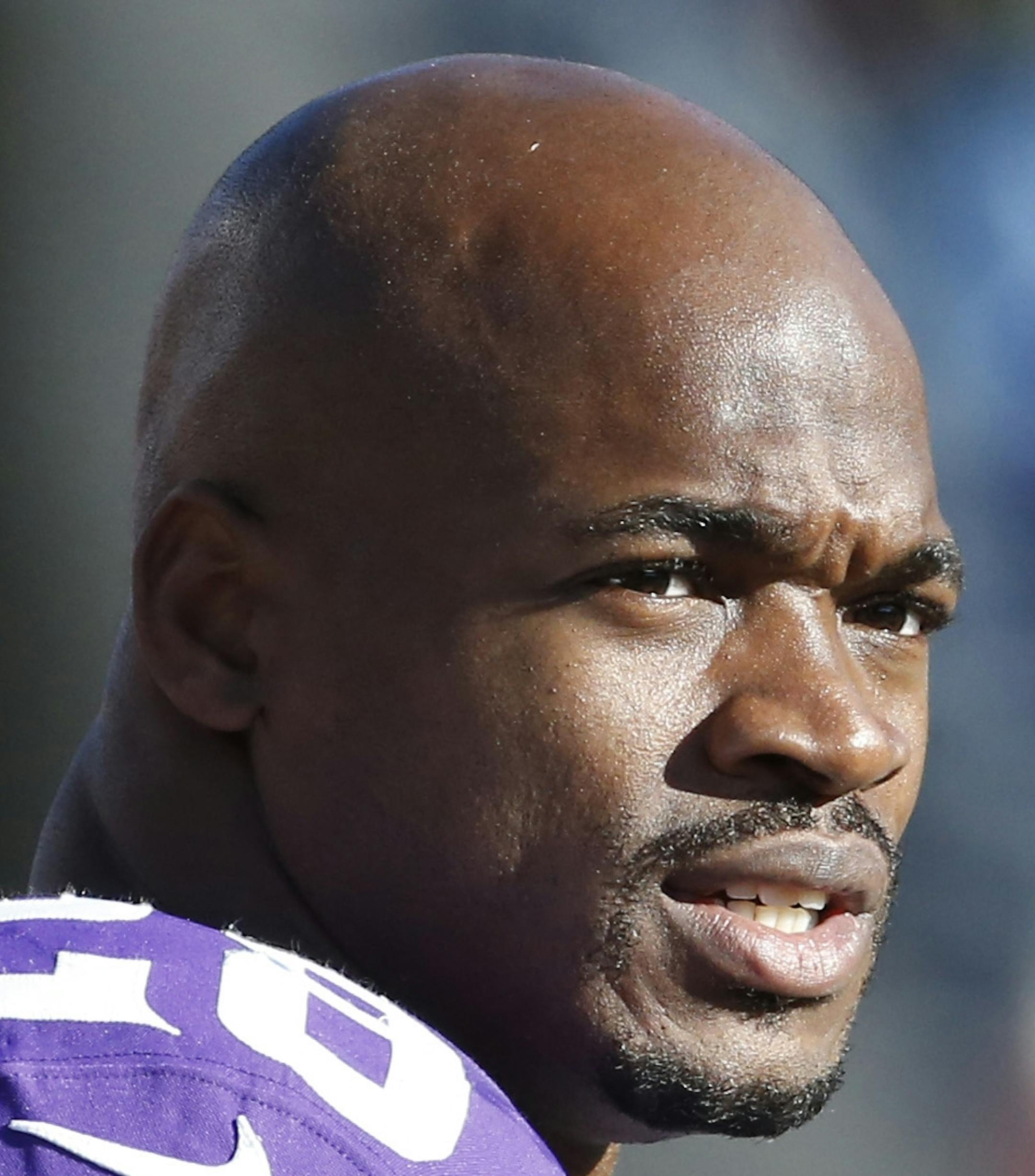 Minnesota Vikings running back Adrian Peterson (28) is seen before the second half of an NFL football game against the St. Louis Rams, Sunday, Nov. 8, 2015, in Minneapolis. (AP Photo/Ann Heisenfelt) ORG XMIT: otkco175
