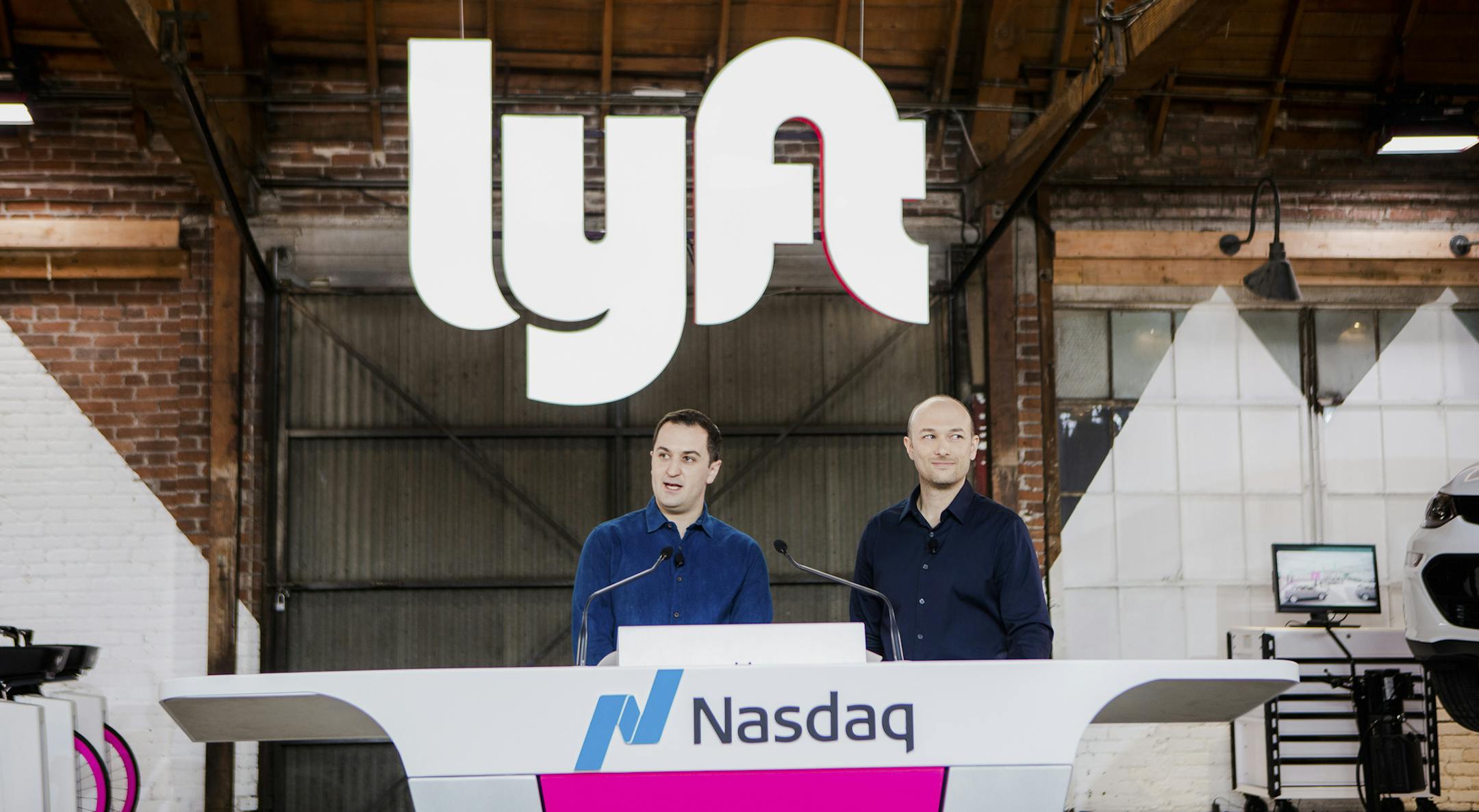 FILE -- John Zimmer, left, and Logan Green, the founders of Lyft, at a party celebrating the ride-hailing company’s IPO, in Los Angeles, March 29, 2019. In its first financial results as a public company, Lyft posted a loss of $1.14 billion for the first quarter, compared with a loss of $234.3 million in the same period a year earlier. (Alex Welsh/The New York Times)