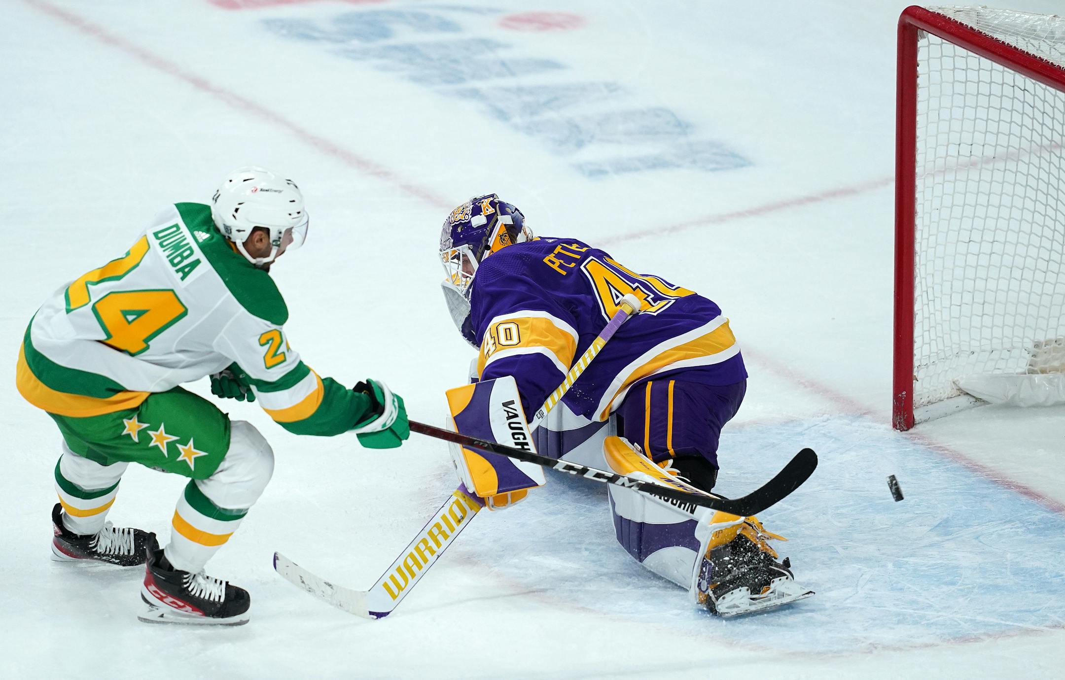 Minnesota Wild defenseman Matt Dumba (24) scored the game winning goal past Los Angeles Kings goaltender Calvin Petersen (40) in overtime Saturday. ] ANTHONY SOUFFLE • anthony.souffle@startribune.com