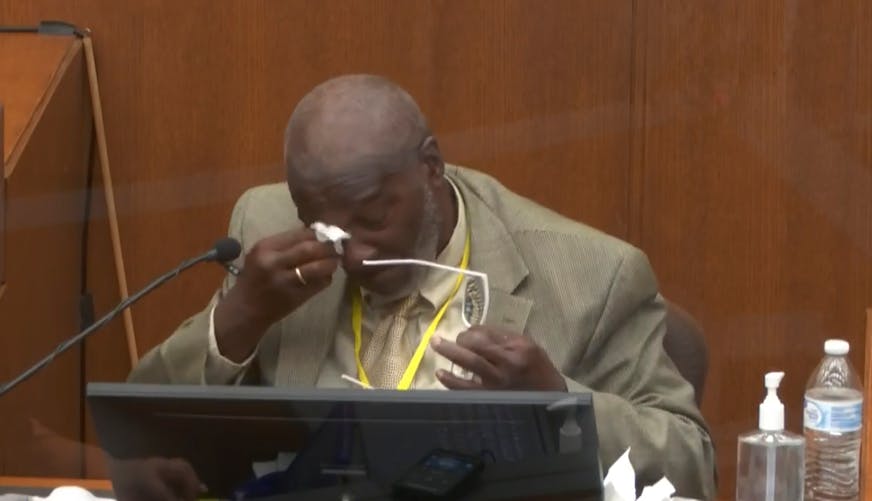 In this image from video, witness Charles McMillian becomes emotional as he answers questions as Hennepin County Judge Peter&nbsp;Cahill presides Wednesday, March 31, 2021, in the trial of former Minneapolis police Officer Derek Chauvin at the Hennepin County Courthouse in Minneapolis, Minn. Chauvin is charged in the May 25, 2020 death of George Floyd. (Court TV via AP, Pool)