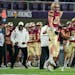 Lakeville South High School tight end Chase Androff (87) celebrates after defeating Maple Grove High School 13-7 in the Minnesota High School football