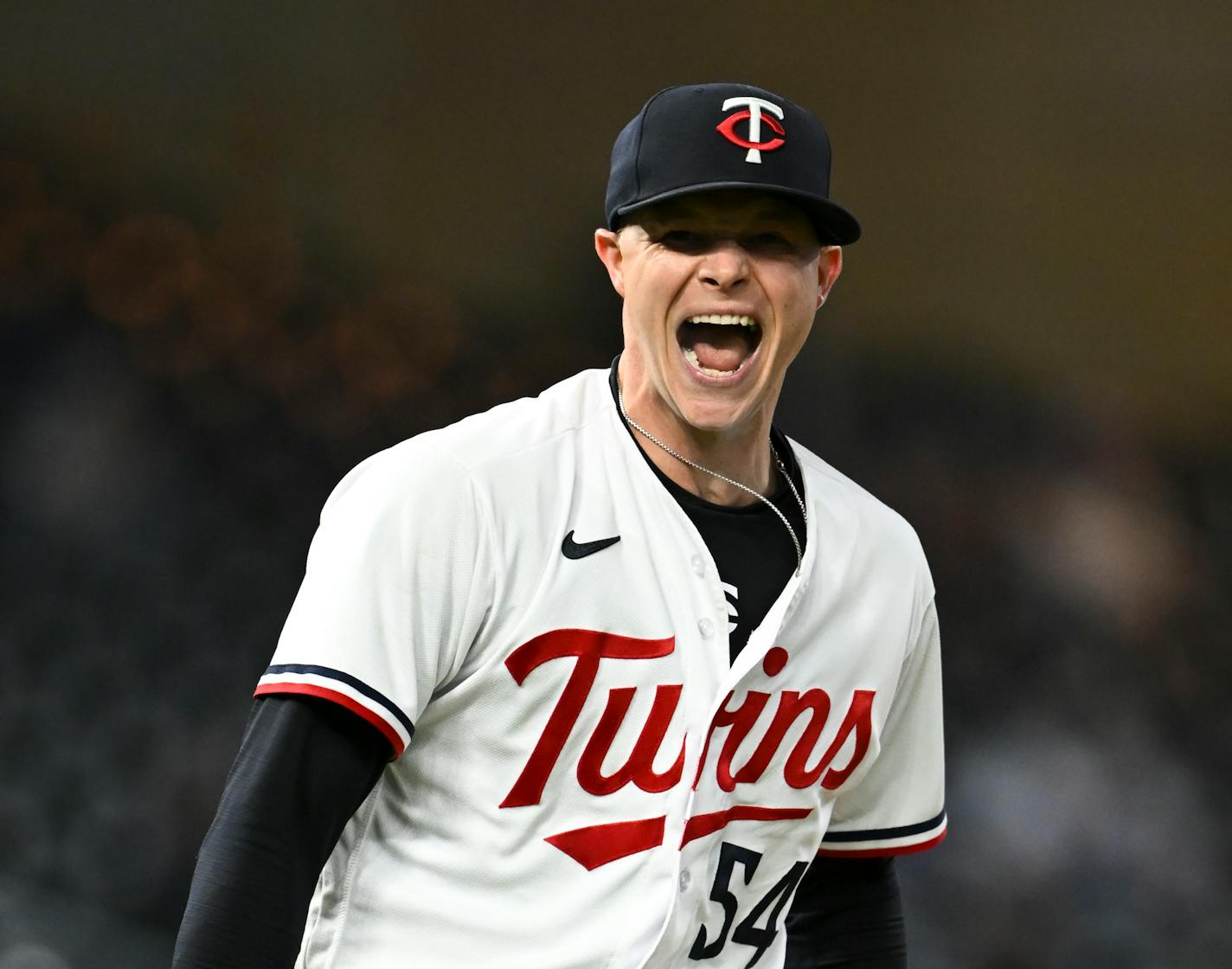 Minnesota Twins starting pitcher Sonny Gray (54) celebrates after striking out New York Yankees right fielder Franchy Cordero (33) to end the top of the seventh inning Monday, April 24, 2023, at Target Field in Minneapolis, Minn.. ] AARON LAVINSKY • aaron.lavinsky@startribune.com