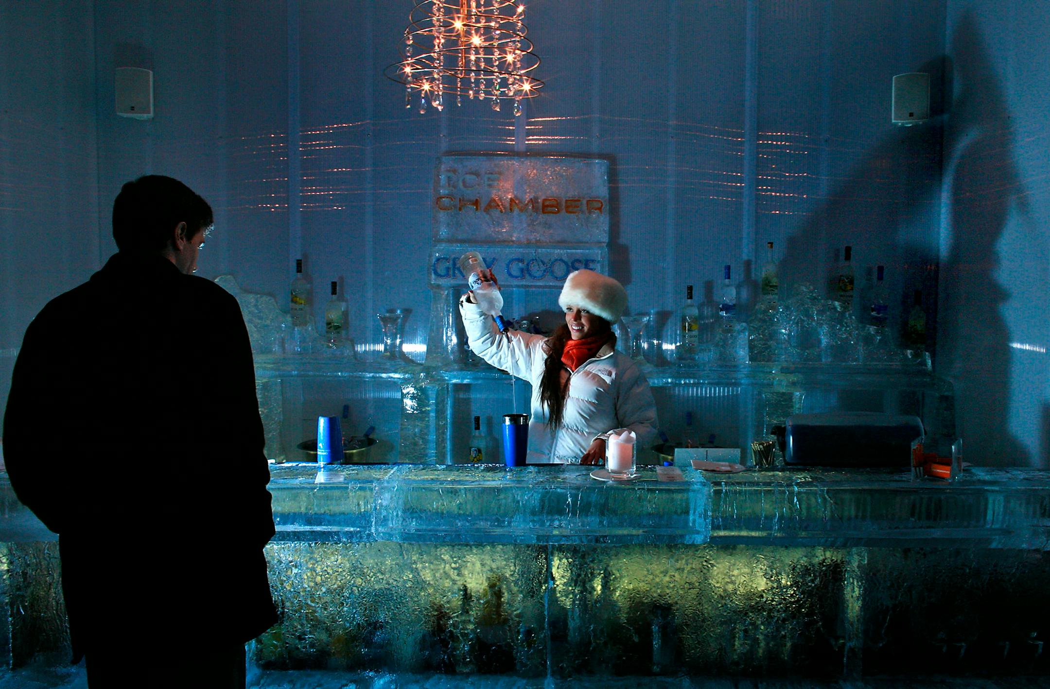 Bartender Daniela Castellon, who will be mixing drinks in the Ice Chamber again this year, mixes a drink in last year's Ice Chamber at the Chambers Hotel.