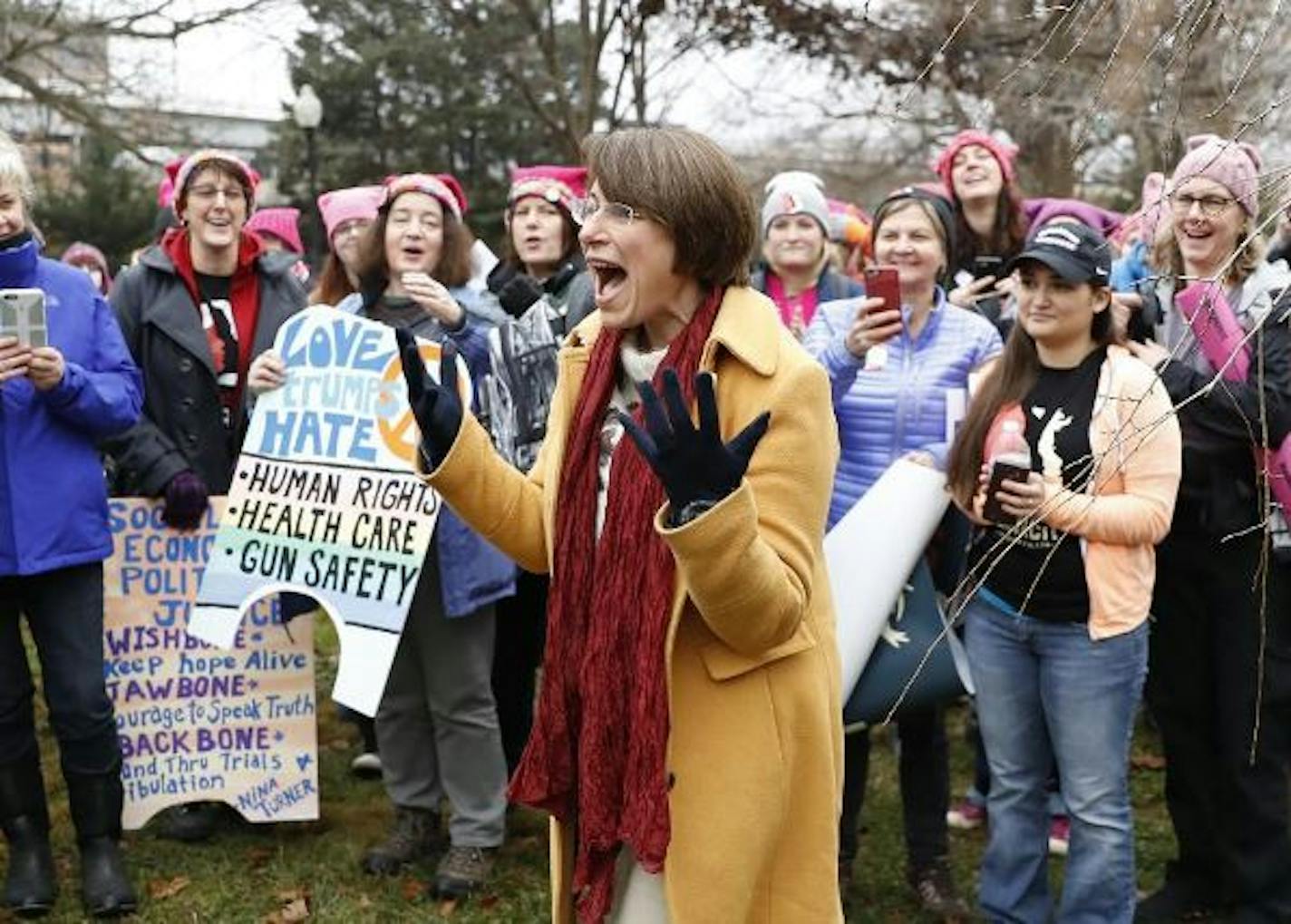 Sen. Amy Klobuchar enthusiastically greeted marchers from Minnesota on Saturday morning in Washington, D.C.