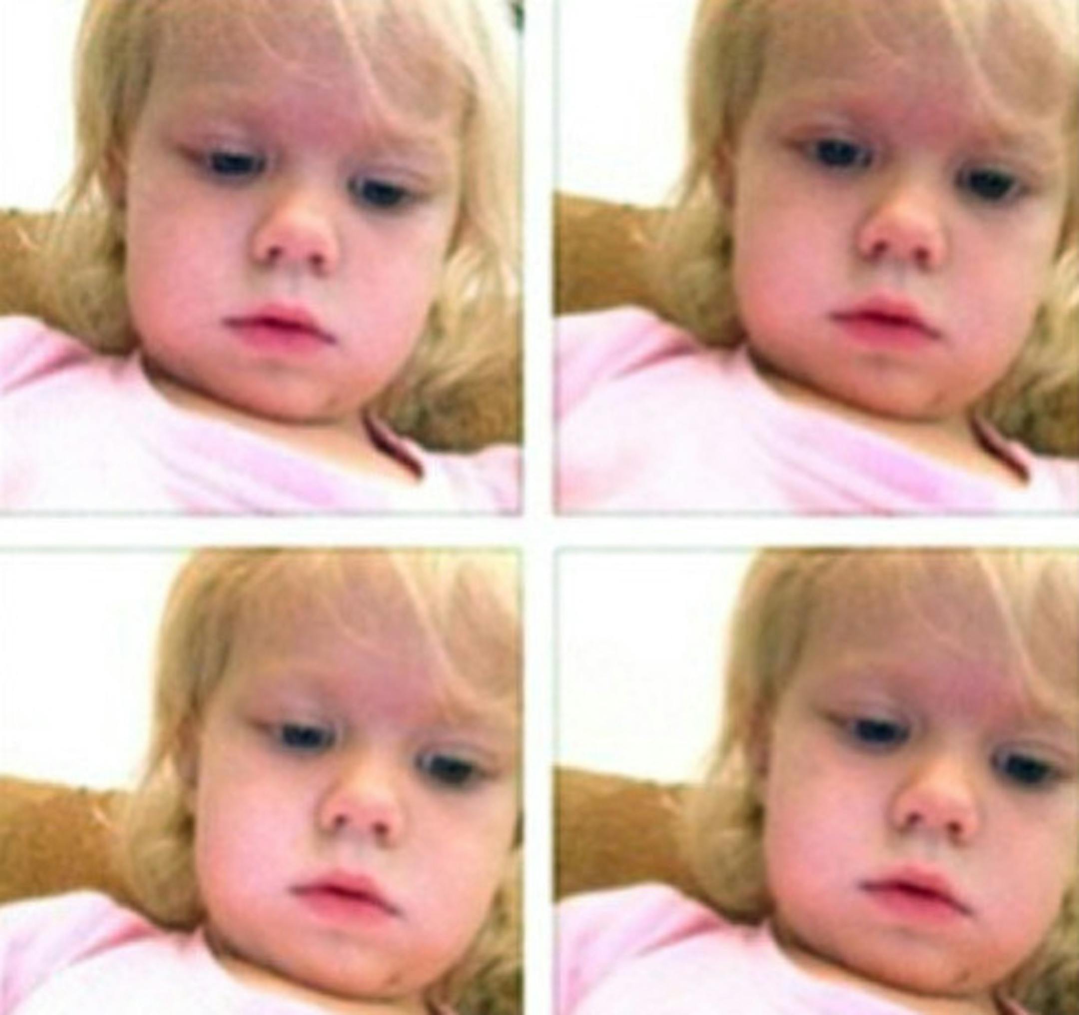 This January 2014 screen grab shows a photo collage provided by Brandi Koskie of her daughter, Paisley, 3, in selfies that Paisley shot on her motherís phone in an unsupervised moment at her Wichita, Kansas home. An increasing number of parents of toddlers are finding their tech-savvy 2- and 3-year-old kids are obsessed with selfies. (AP Photo/Brandi Koskie)