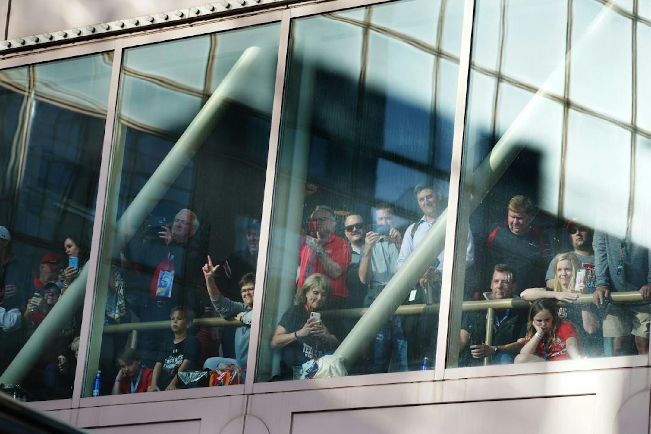 Texas Tech fans send their players off as they head to U.S. Bank Stadium to face Virginia in the NCAA men basketball championship game.