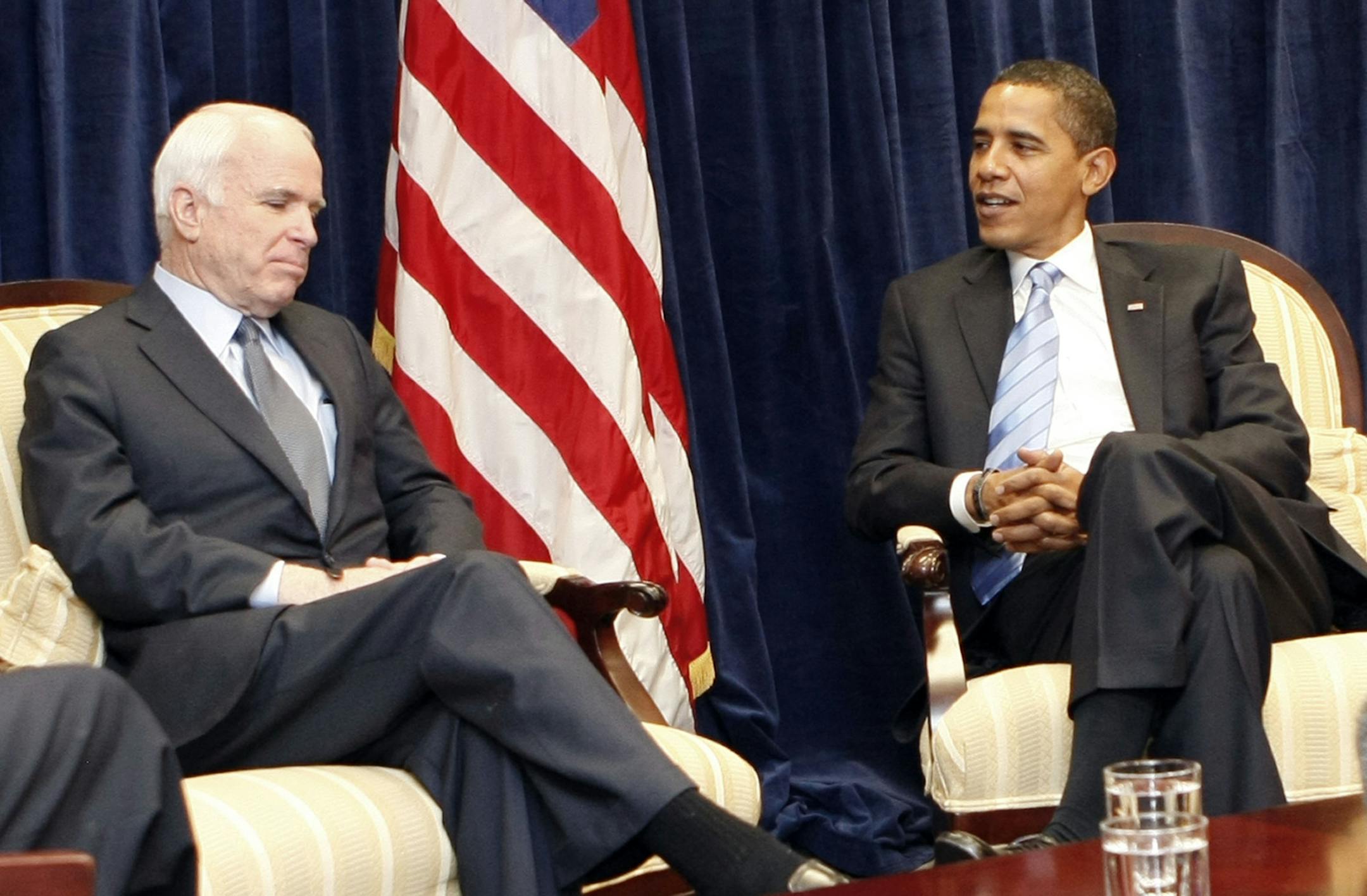 President-elect Barack Obama meets with Sen John McCain, R-Ariz., Monday, Nov. 17, 2008, at Obama's transition office in downtown Chicago. (AP Photo/Pablo Martinez Monsivais) ORG XMIT: ILPM105
