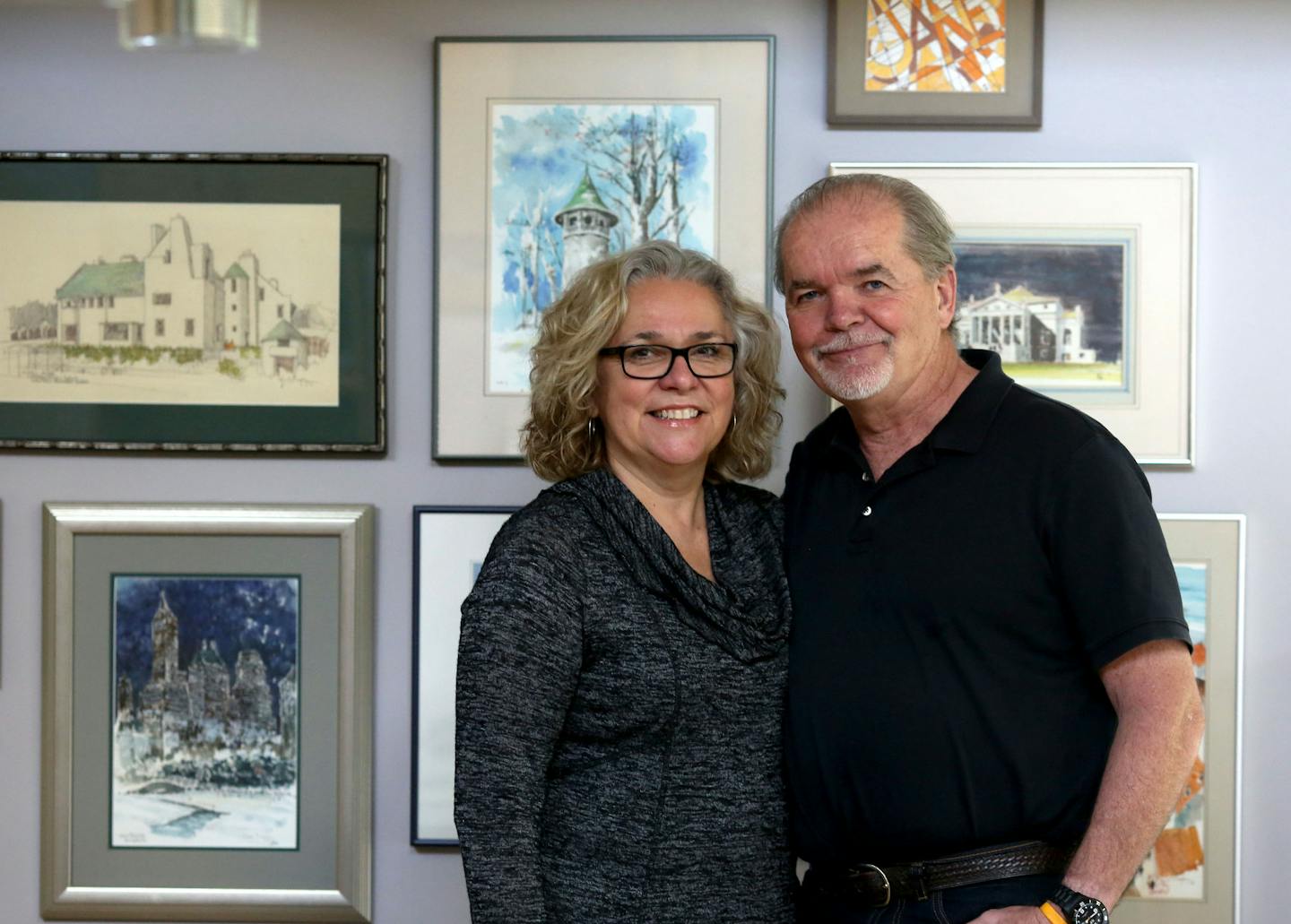 Bill Olexy and Jane Hession stood in front of Ralph Rapson drawings on their wall in their home ] (KYNDELL HARKNESS/STAR TRIBUNE) kyndell.harkness@startribune.com Bill Olexy and Jane Hession home in Edina Min., Thursday, September 18, 2014.