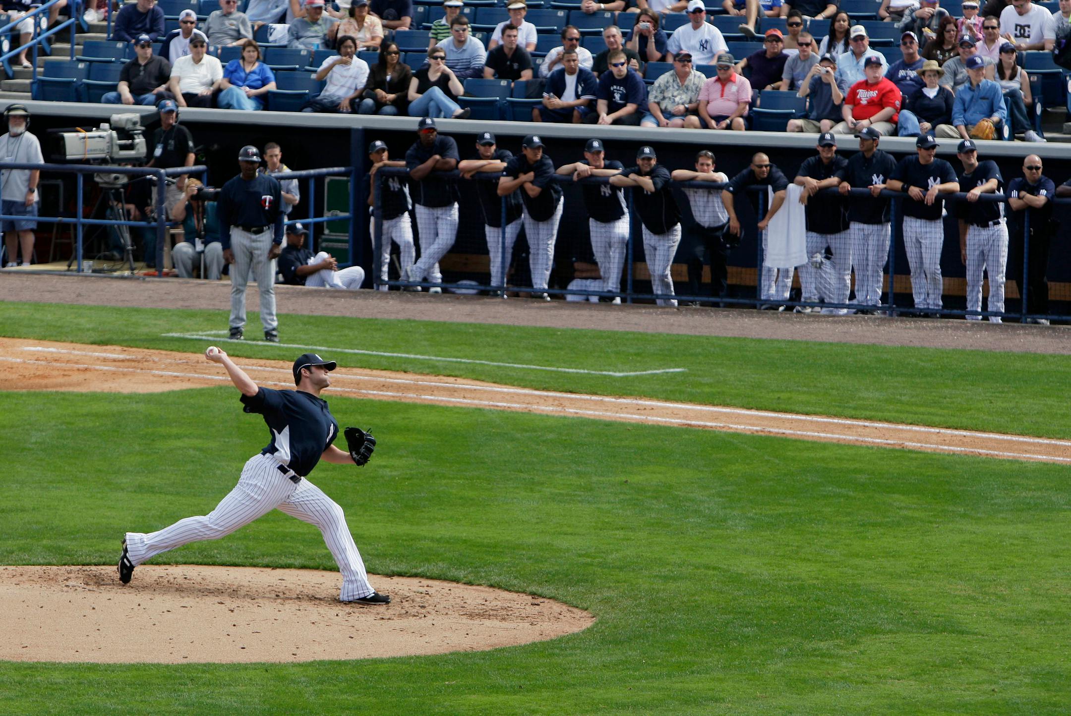 Yankees righthander Joba Chamberlain pitched against the Twins on Wednesday at Legends Field in Tampa, Fla. Chamberlain, a sensation in the majors when he got called up last year, struggled in his two innings, giving up a home run to Garrett Jones.