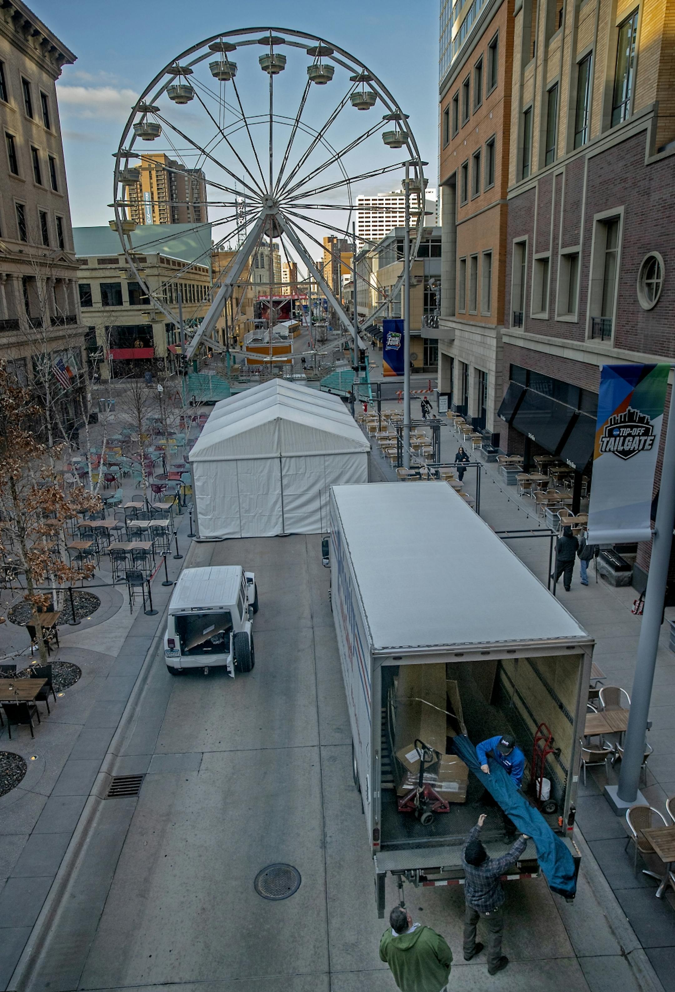 Work is underway including the installment of a giant Ferris wheel that was placed on Nicollet Mall, in preparation for the Final Four festivities, Wednesday, April 3, 2019 in Minneapolis, MN. There will be a four-day tailgate on Nicollet Mall and the wheel is one of the attractions added to wow out-of-town guests.