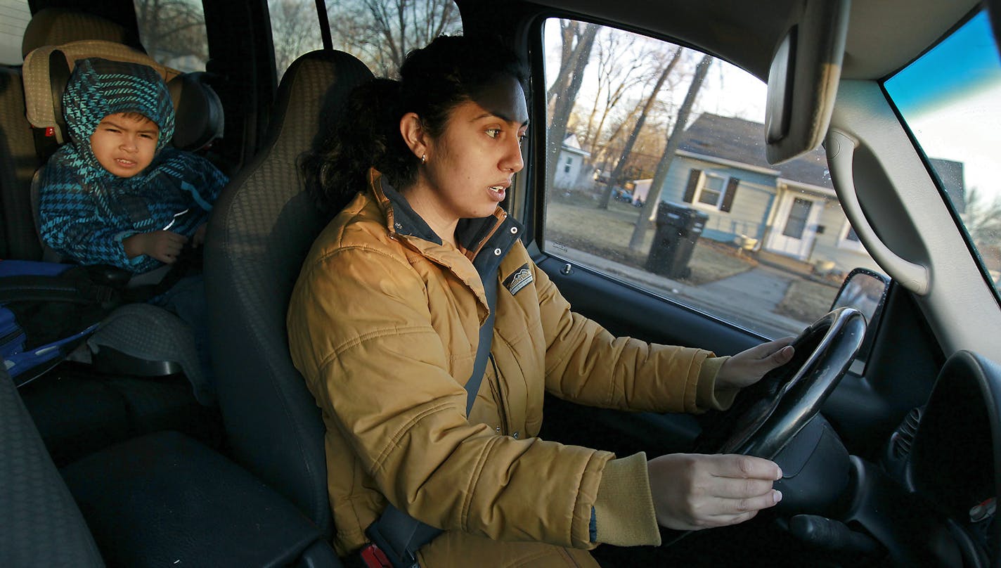 Maria Negreros made her way to her son's, Ethan Negrero, 3, pre-school, Tuesday, March 10, 2015 in Shakopee, MN. Negreros, an undocumented stay-at-home mom from Mexico, drives without a license because she feels there are no other options for transportation for her son. ] (ELIZABETH FLORES/STAR TRIBUNE) ELIZABETH FLORES &#x2022; eflores@startribune.com