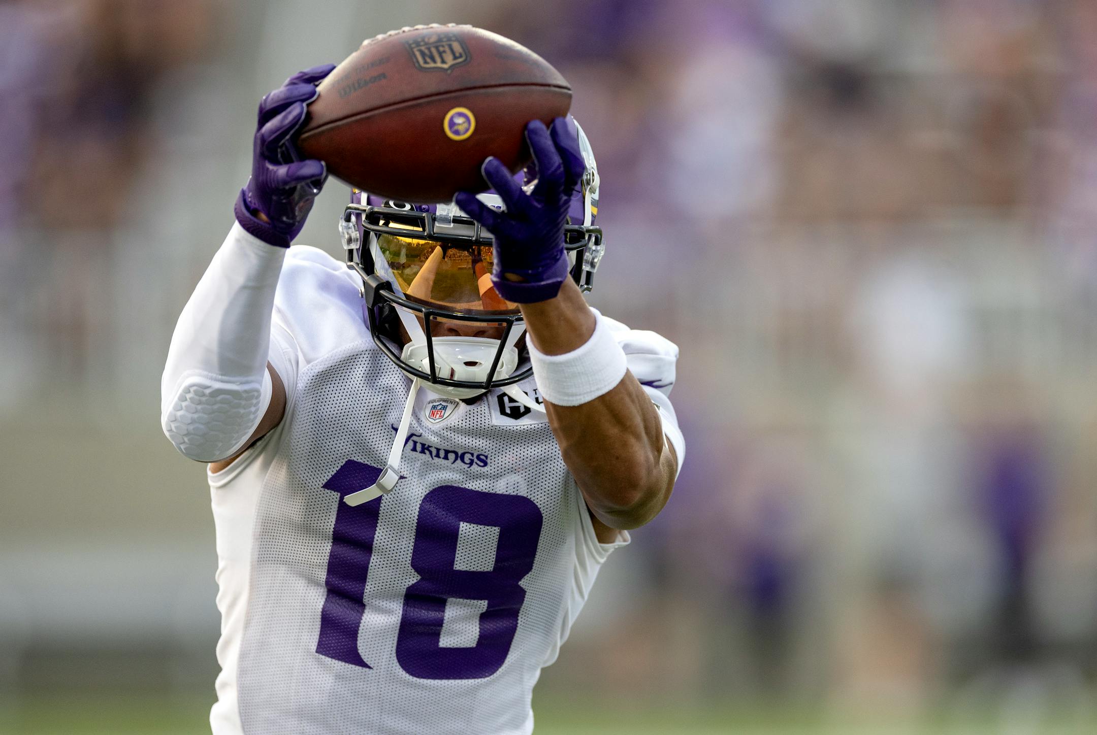 Minnesota Vikings receiver Justin Jefferson (18) during evening practice Tuesday, August 8, 2023, at TCO Stadium in Eagan, Minn.