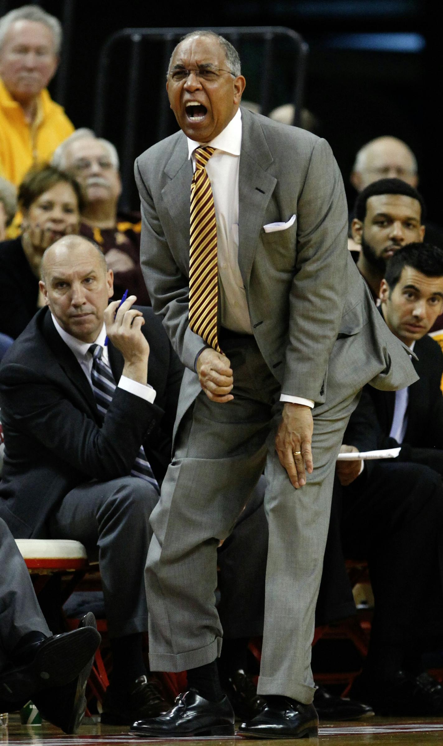 Minnesota's coach Tubby Smith yells instructions in the first half of an NCAA college basketball game against Nebraska in Lincoln, Neb., Sunday, Feb. 5, 2012. Minnesota won 69-61. (AP Photo/Nati Harnik)