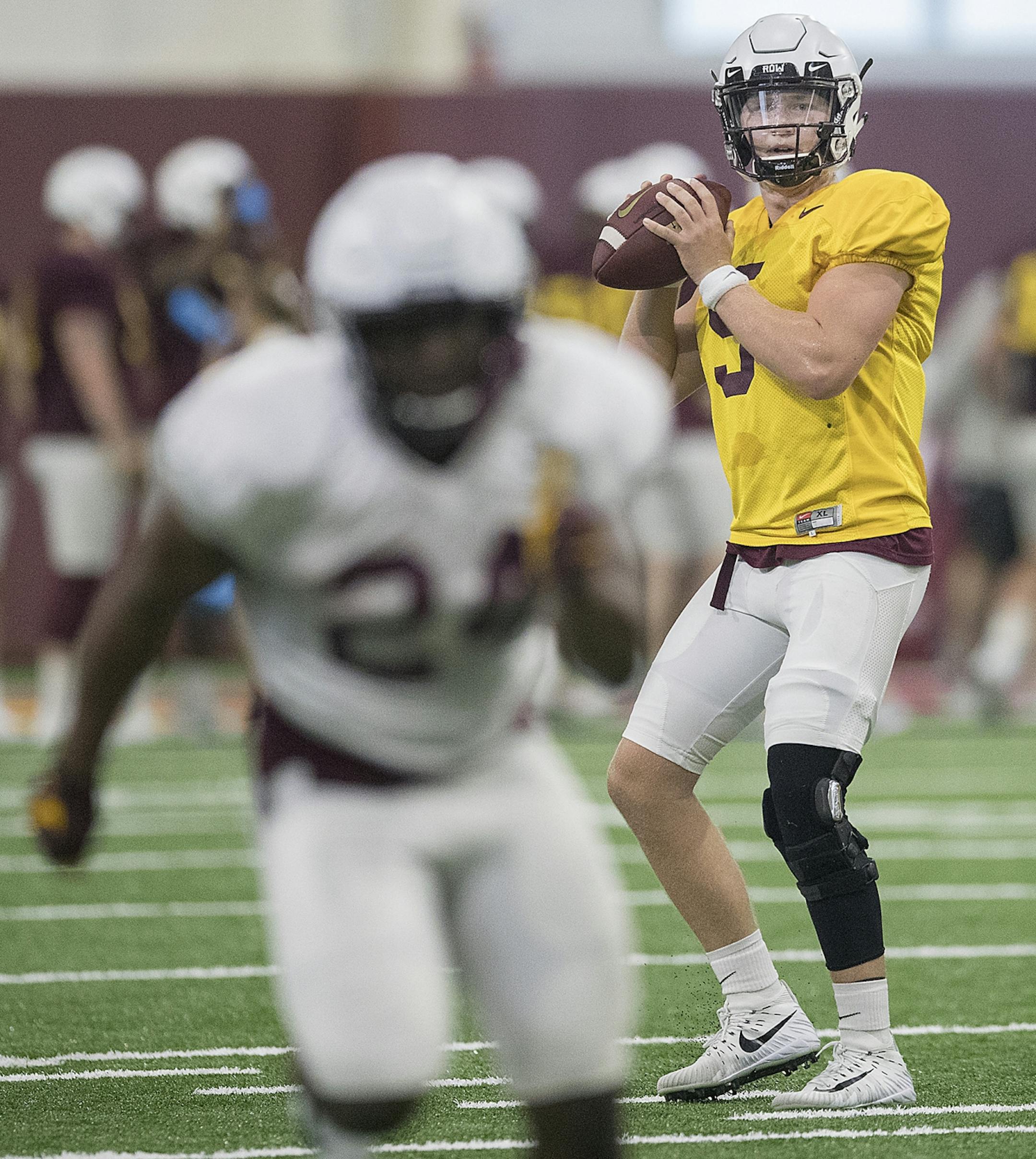 Minnesota's quarterback Zack Annexstad took to the field for the first practice that was open to the public at the Athletes Village at the University of Minnesota in Minneapolis, MN.