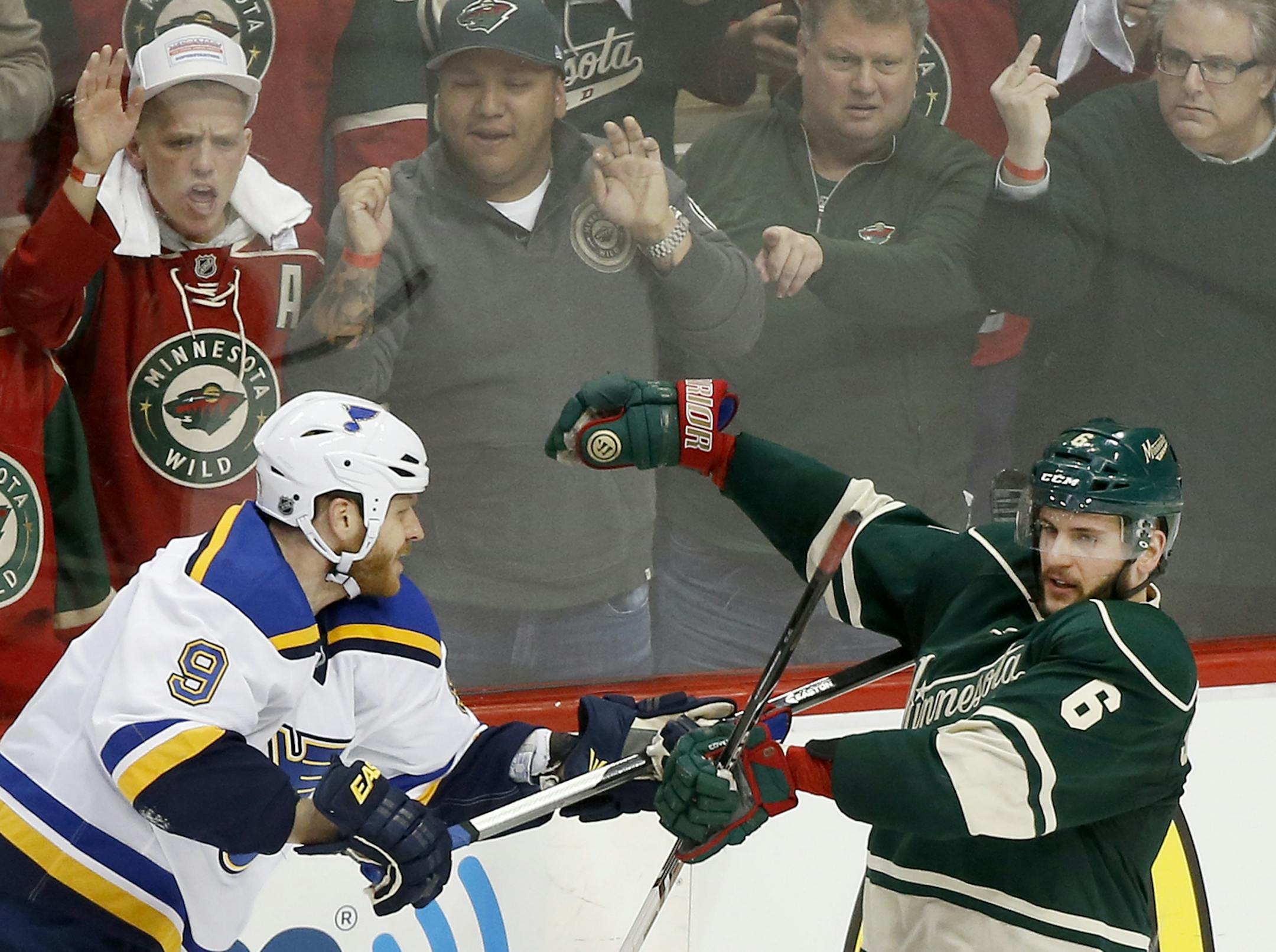 Marco Scandella (6) was struck by Steve Ott (9) in the third period. Ott received a game misconduct penalty.