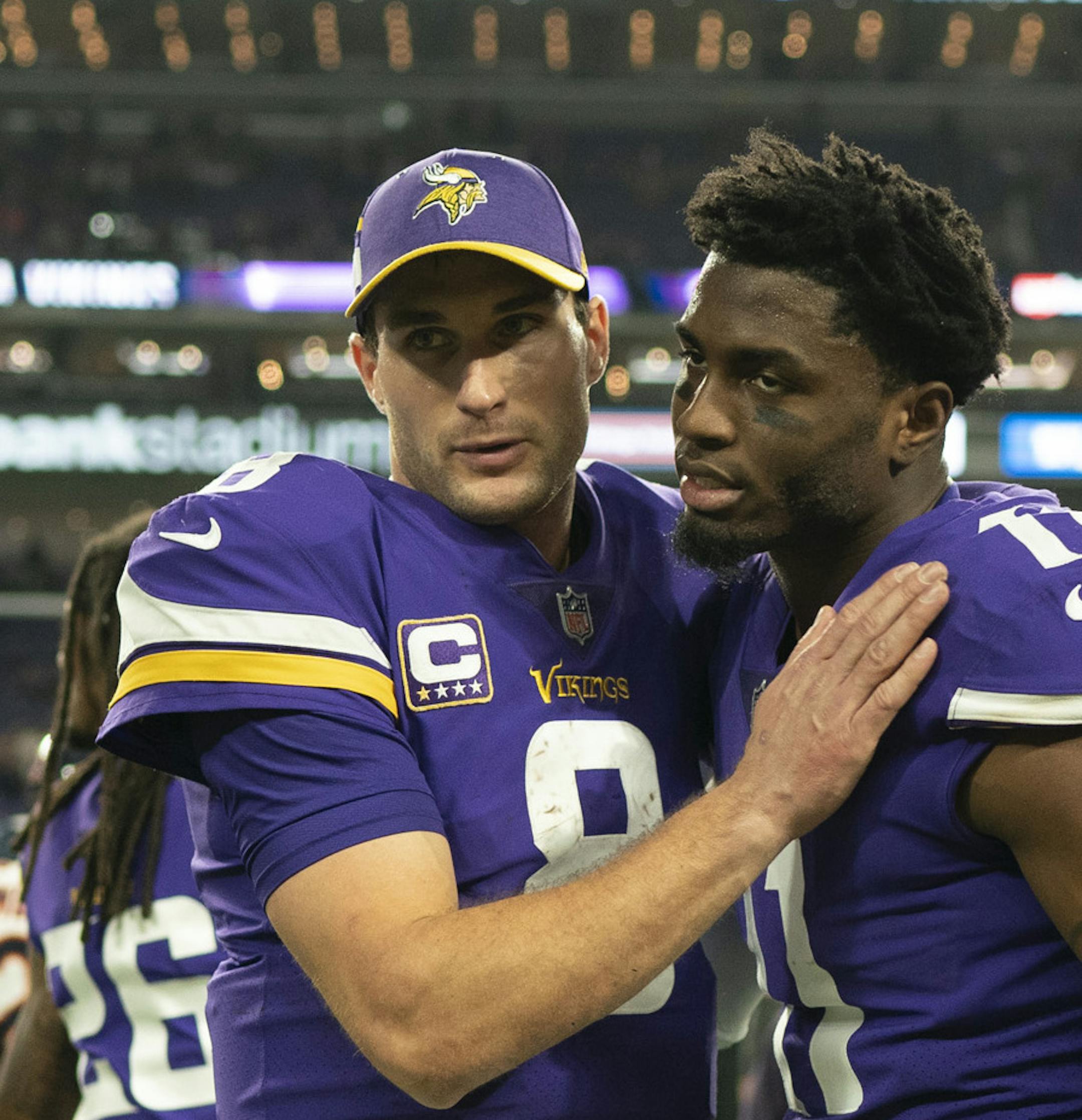 Minnesota Vikings quarterback Kirk Cousins (8) hugged wide receiver Laquon Treadwell (11) as he walked off the field after the Vikings' loss. ] JEFF WHEELER &#x2022; jeff.wheeler@startribune.com The Minnesota Vikings ended their season with a 24-10 loss to the Chicago Bears in an NFL football game Sunday afternoon, December 30, 2018 at U.S. Bank Stadium in Minneapolis.