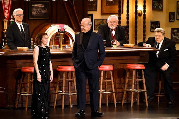 From left to right, Ted Danson, Rhea Perlman, Kelsey Grammer, John Ratzenberger and George Wendt reunited Monday at the 75th Annual Emmy Awards in Los