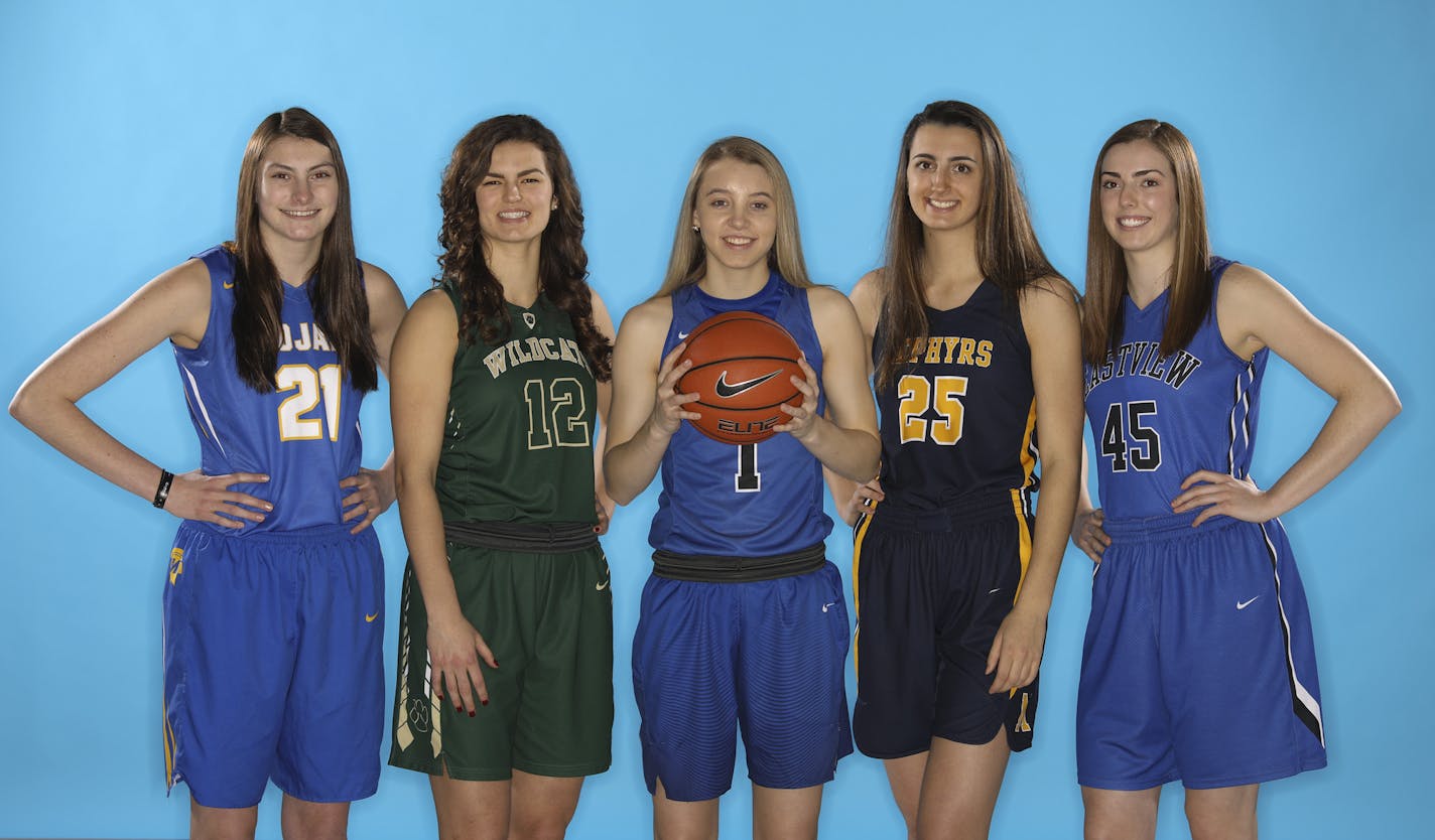 The Star Tribune's Girls' All-Metro Basketball Team gathered for a portrait Sunday afternoon. They are, from left, Kallie Theisen, Wayzata, Carmen Backes, Chisago Lakes, Player of the Year Paige Bueckers, Hopkins, Emma Grothaus, Mahtomedi, and Megan Walstad, Eastview. ] JEFF WHEELER &#xef; jeff.wheeler@startribune.com The Star Tribune's Girls' All-Metro Basketball Team was photographed in the studio Sunday afternoon, March 11, 2018.