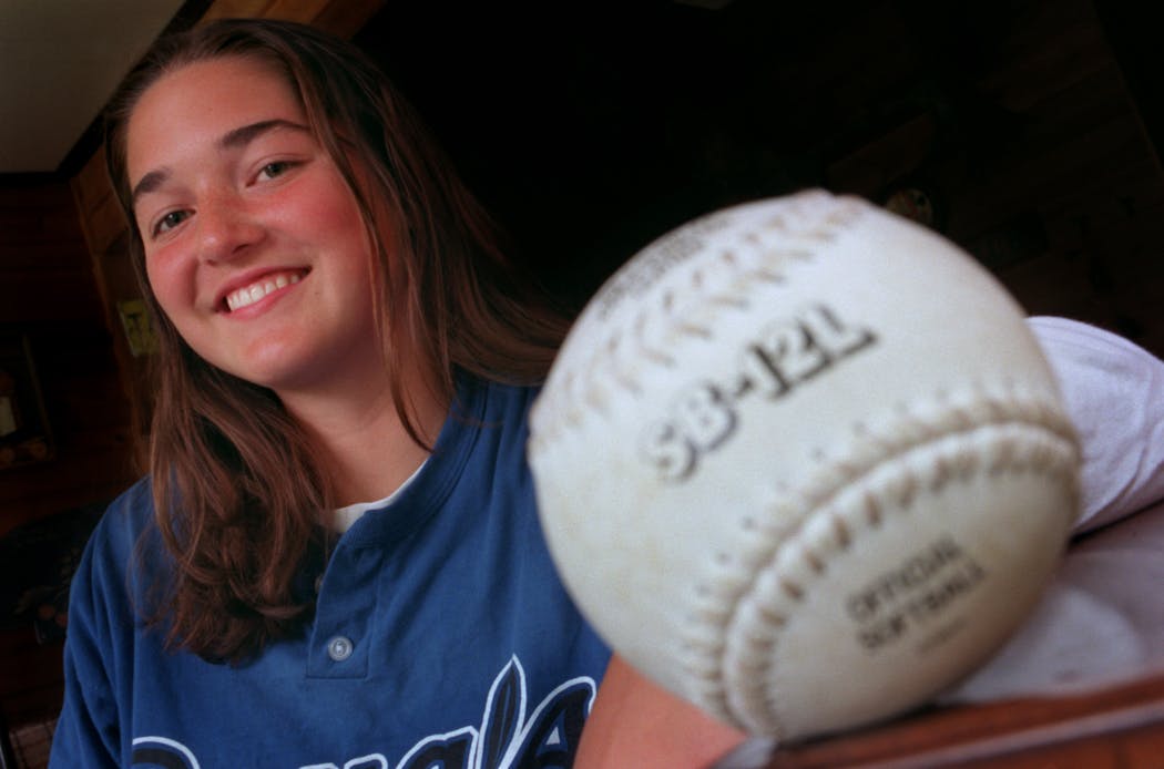 Angie Recknor, now Angie Waldoch, in 1999 after the Hopkins pitcher earned her second Metro Player of the Year award. Her eighth-grade daughter, AnnaBelle, is now a standout pitcher for Rogers.
