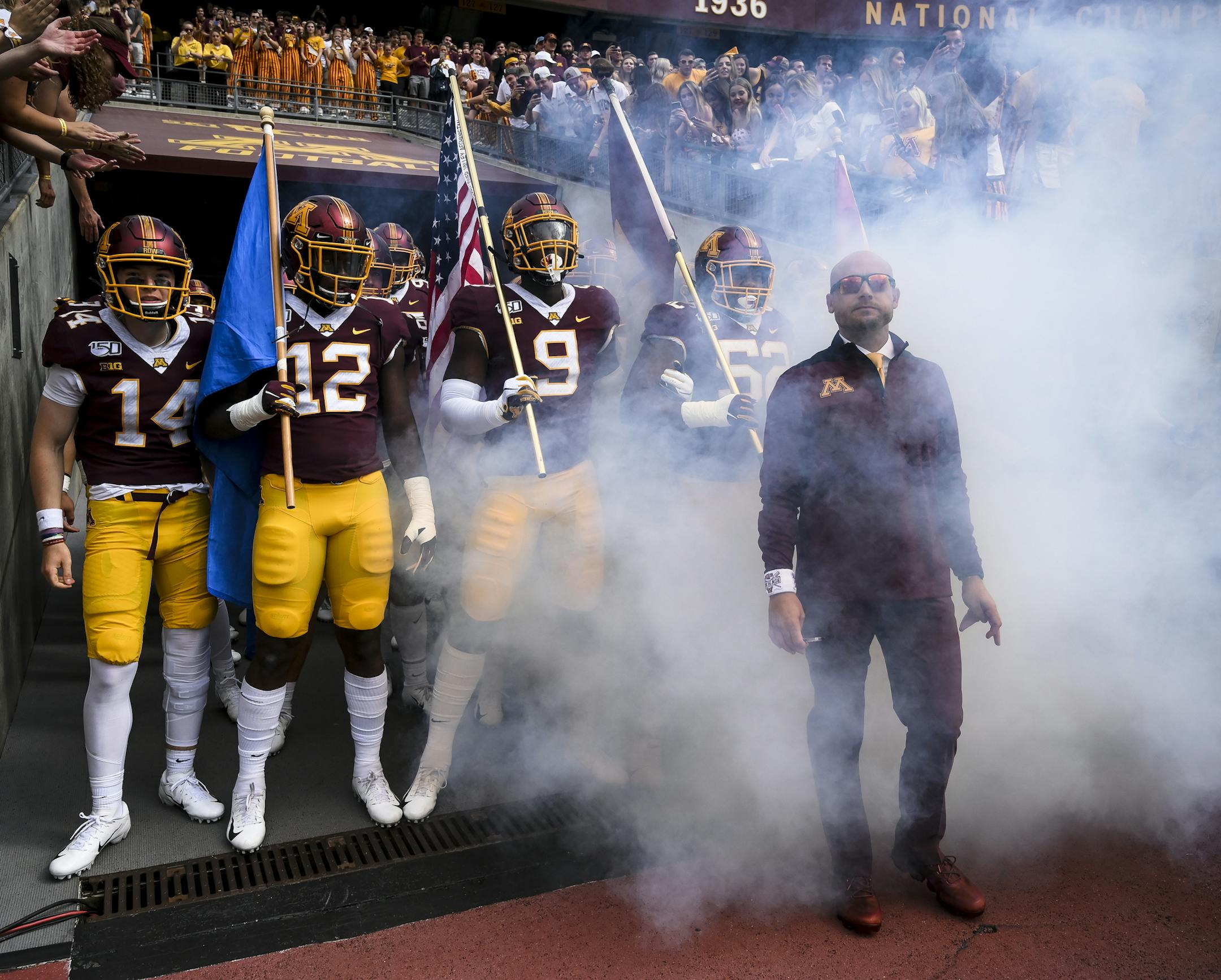 The Gophers, led by head coach P.J. Fleck, prepared to take the field against the Georgia Southern Eagles. ] Aaron Lavinsky &#x2022; aaron.lavinsky@startribune.com The Gophers played Georgia Southern on Saturday, Sept. 14, 2019 at TCF Bank Stadium in Minneapolis, Minn.