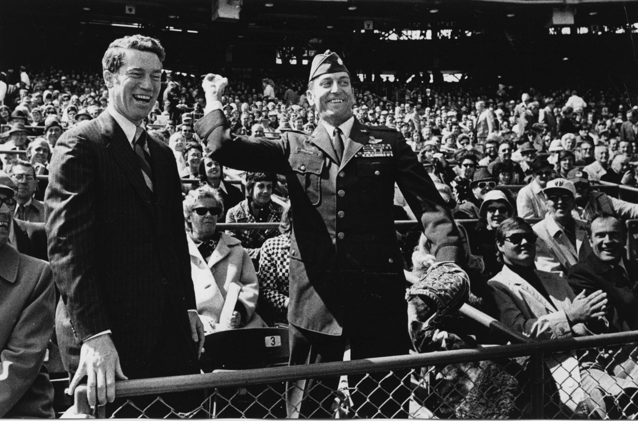 On April 13, 1973, Opening Day for the Minnesota Twins at Met Stadium in Bloomington, Maj. Dick Bolstad, with Gov. Wendell Anderson beside him, wound up for the ceremonial first pitch of the game.