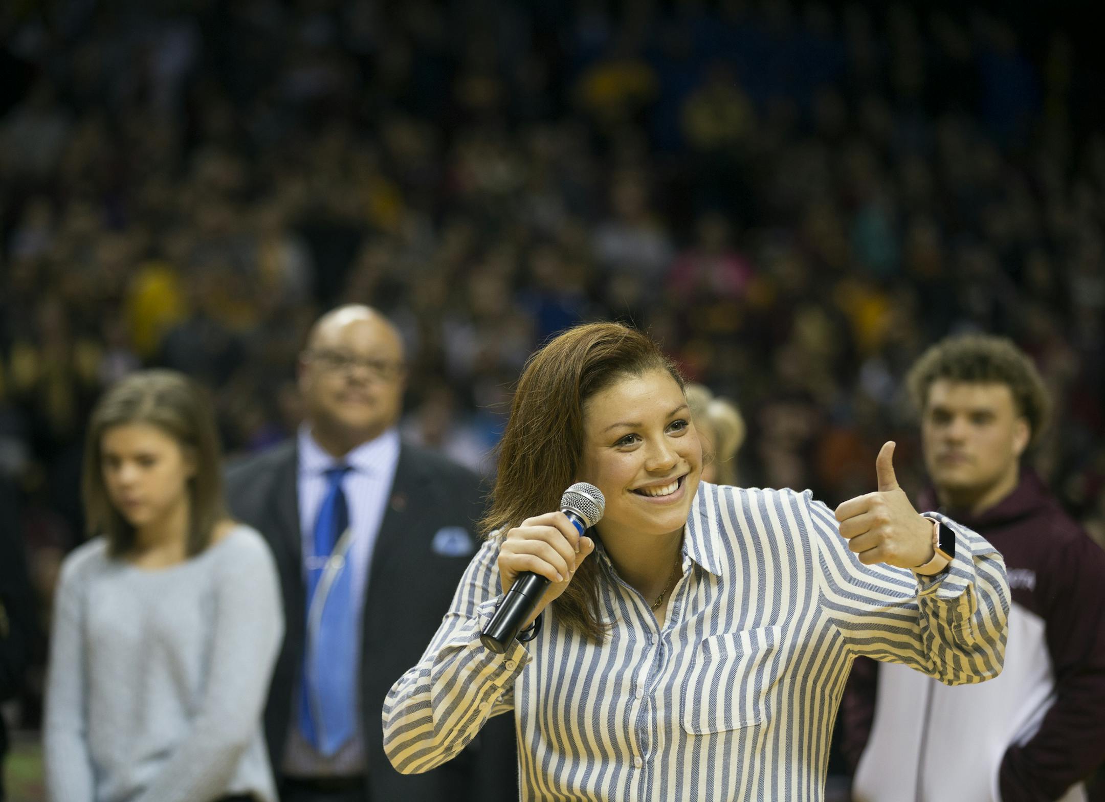 Rachel Banahm&#xed;s jersey was retired before tip off against the University of Minnesota and Maryland Big Ten home opener at Williams Arena Sunday January 1,2017 in Minneapolis, MN.] The University of Minnesota hosted the Maryland in the Big Ten home opener at Williams Arena. Jerry Holt / jerry. Holt@Startribune.com