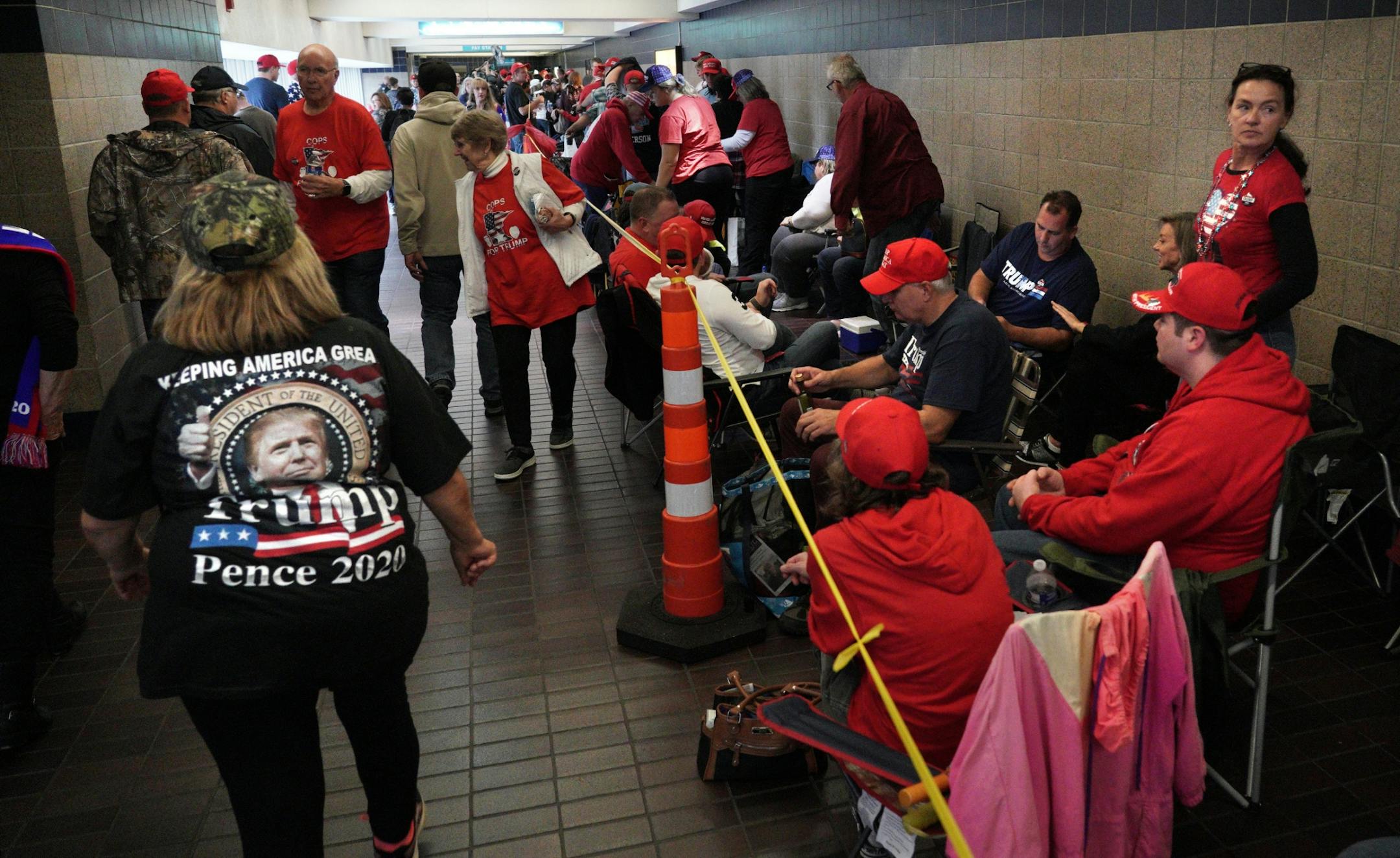 The skyways into Target Center were packed with Trump supporters before the doors opened for the Thursday evening Rally.