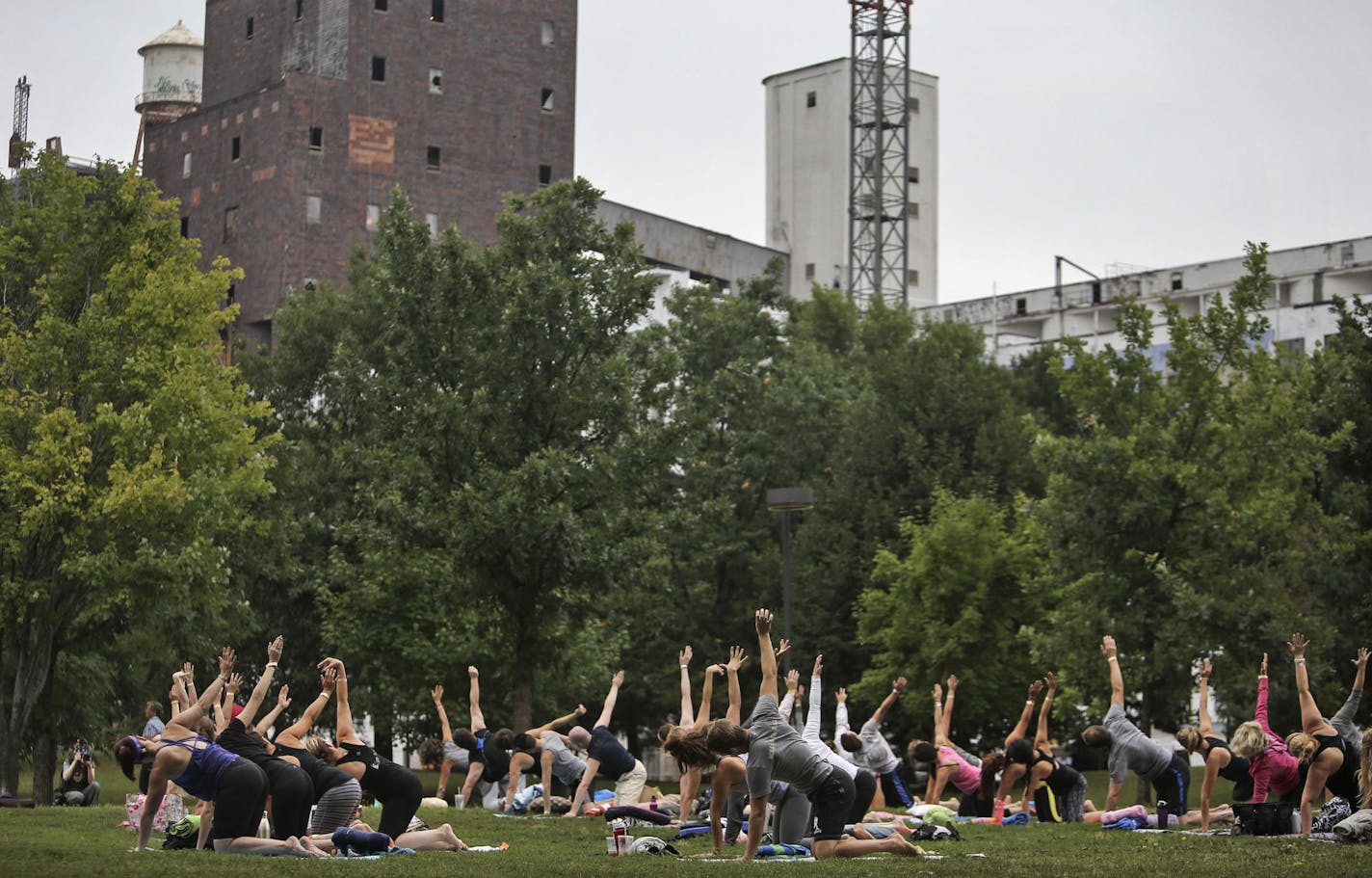 Yoga Rocks the Park transformed Father Hennepin Bluffs Park in a slowly moving sculpture of humans doing yoga Saturday, Aug. 23, 2014, in Minneapolis, MN. Here, about 75 participants practiced yin yoga, a slower form of yoga with poses held for longer periods of time.] (DAVID JOLES/STARTRIBUNE) djoles@startribune Yoga Rocks the Park, a summer-long series, with Yoga in an outdoor setting with live music, transformed Father Hennepin Bluffs Park in a slowly moving sculpture of humans doing yoga Sat