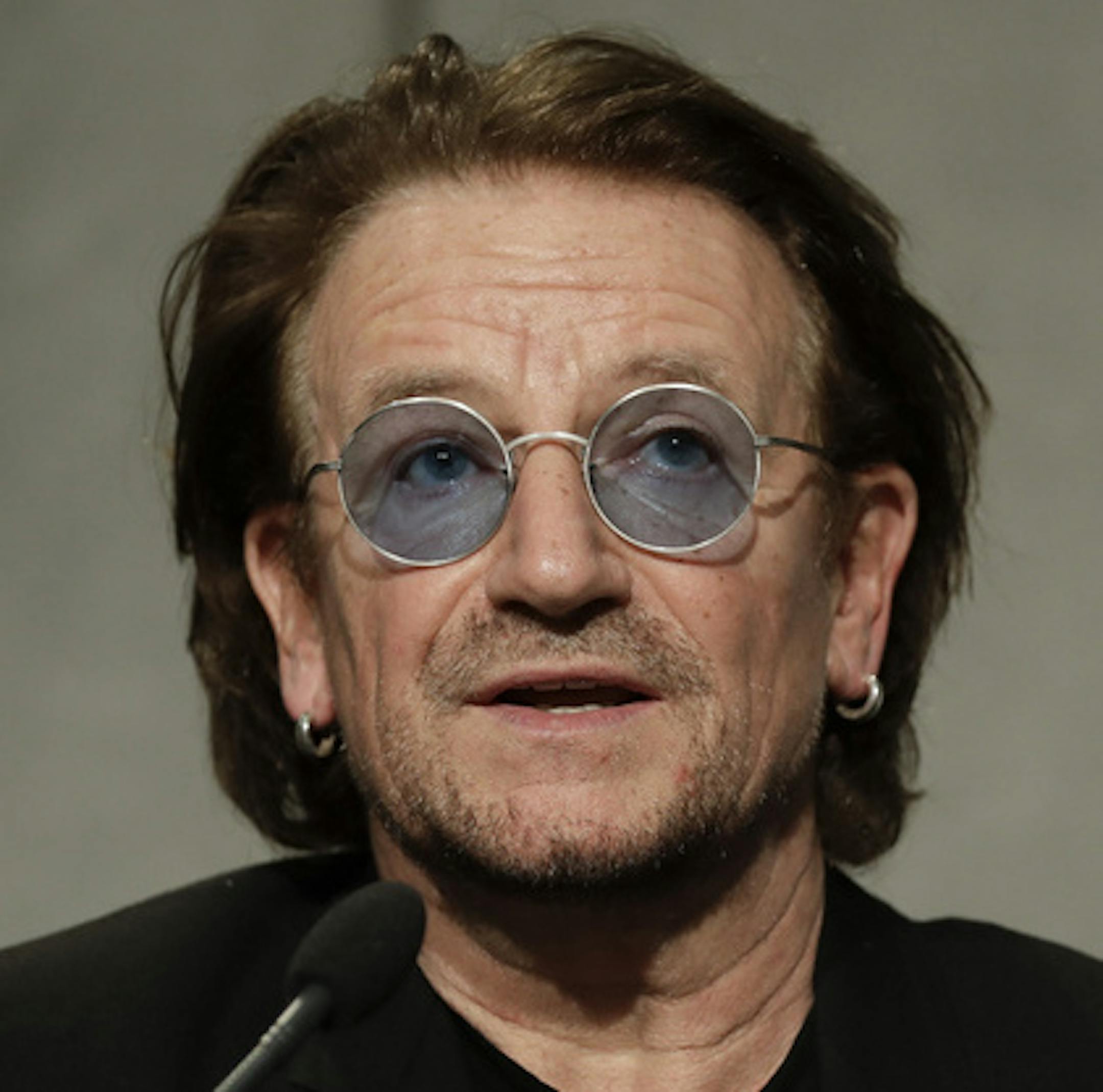 U2 rock band frontman Bono Vox talks to reporters during a press conference he held at the end of meeting with Pope Francis, at the Vatican, Wednesday, Sept. 19, 2018. (AP Photo/Andrew Medichini)