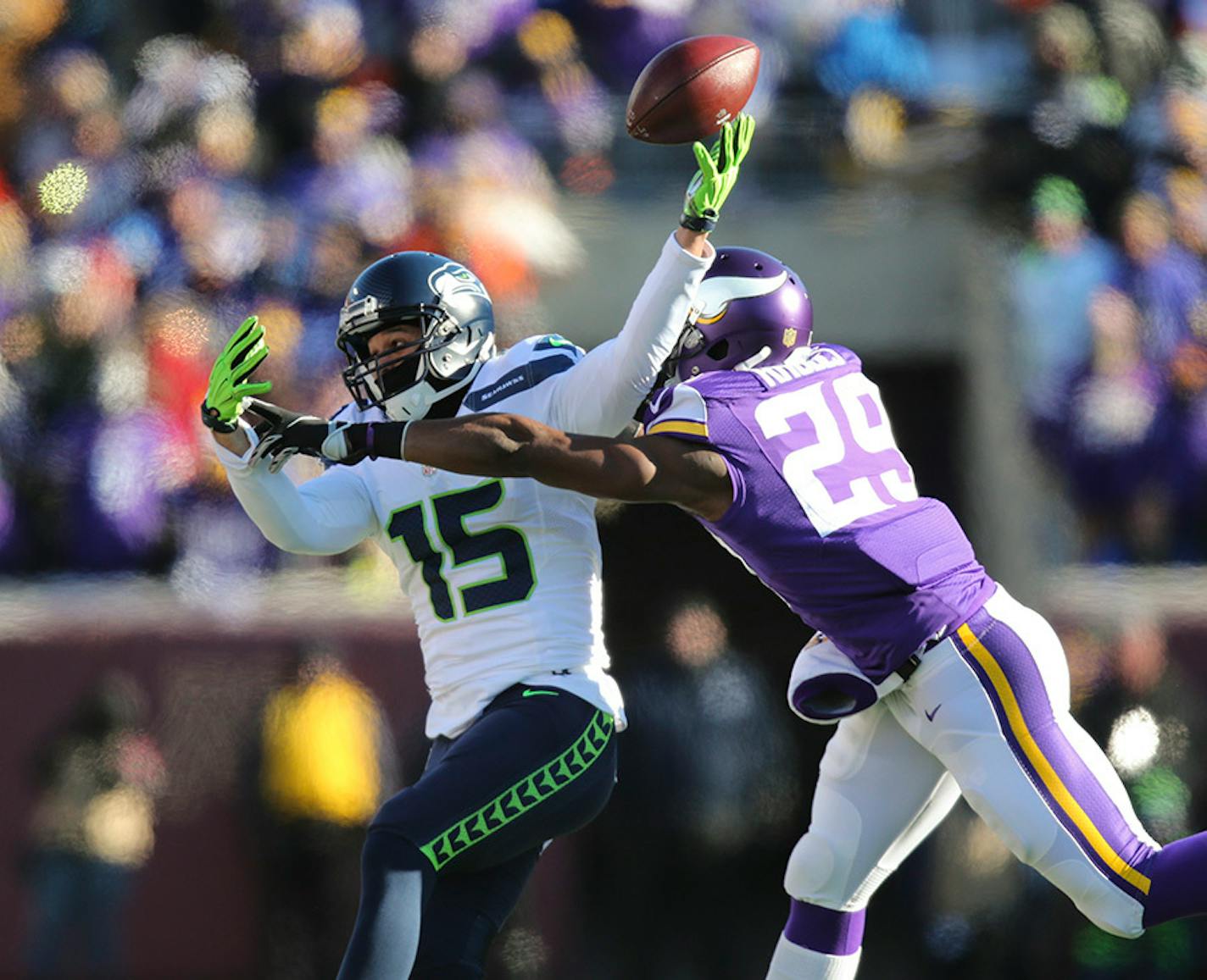 Vikings cornerback Xavier Rhodes broke up a pass intended for Seattle Seahawks wide receiver Jermaine Kearse in the first quarter. ] JEFF WHEELER ï jeff.wheeler@startribune.com The Minnesota Vikings faced the Seattle Seahawks in a first round NFL football game Sunday afternoon, January 10, 2016 at TCF Bank Stadium in Minneapolis.