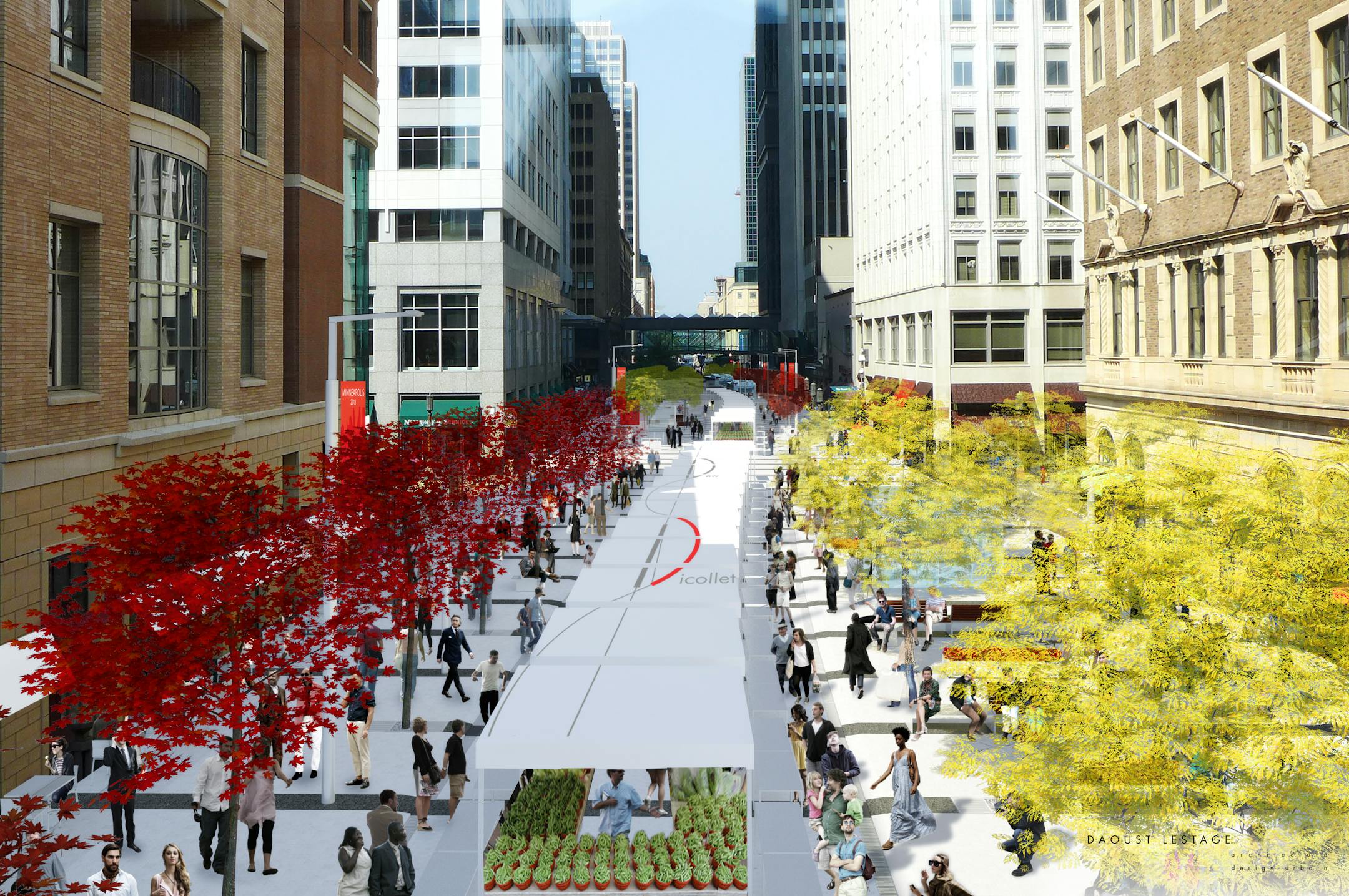 Skyway view rendering of the Nicollet Mall design by Daoust Lestage of Montreal.
