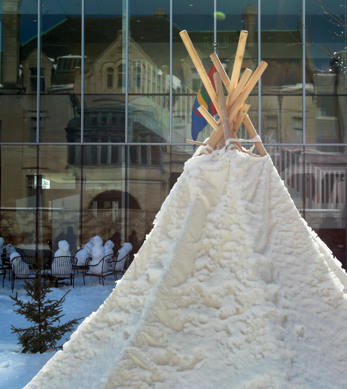 A Sami Teepee in the courtyard at the Swedish Institute. __ Sweden's indigenous people, the quasi-nomadic Sami, are spotlit at the American Swedish Institute via photos, video and artifacts supplemented with contemporary lithographs by Minneapolis artist Kurt Seaberg, of Sami heritage. Story/review with Seaberg interview [ TOM WALLACE &#x2022; twallace@startribune.com _ Assignments #20027688A_ Feburary 16, 2013_ SLUG: MASTERY0305_ EXTRA INFORMATION: magic saxo number is 999960 Also Work by Albin