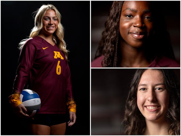 Kylie Murr, left, Phoebe Awoleye, top right, and Lydia Grote have added depth, experience and skill to a Gophers volleyball roster with championship a