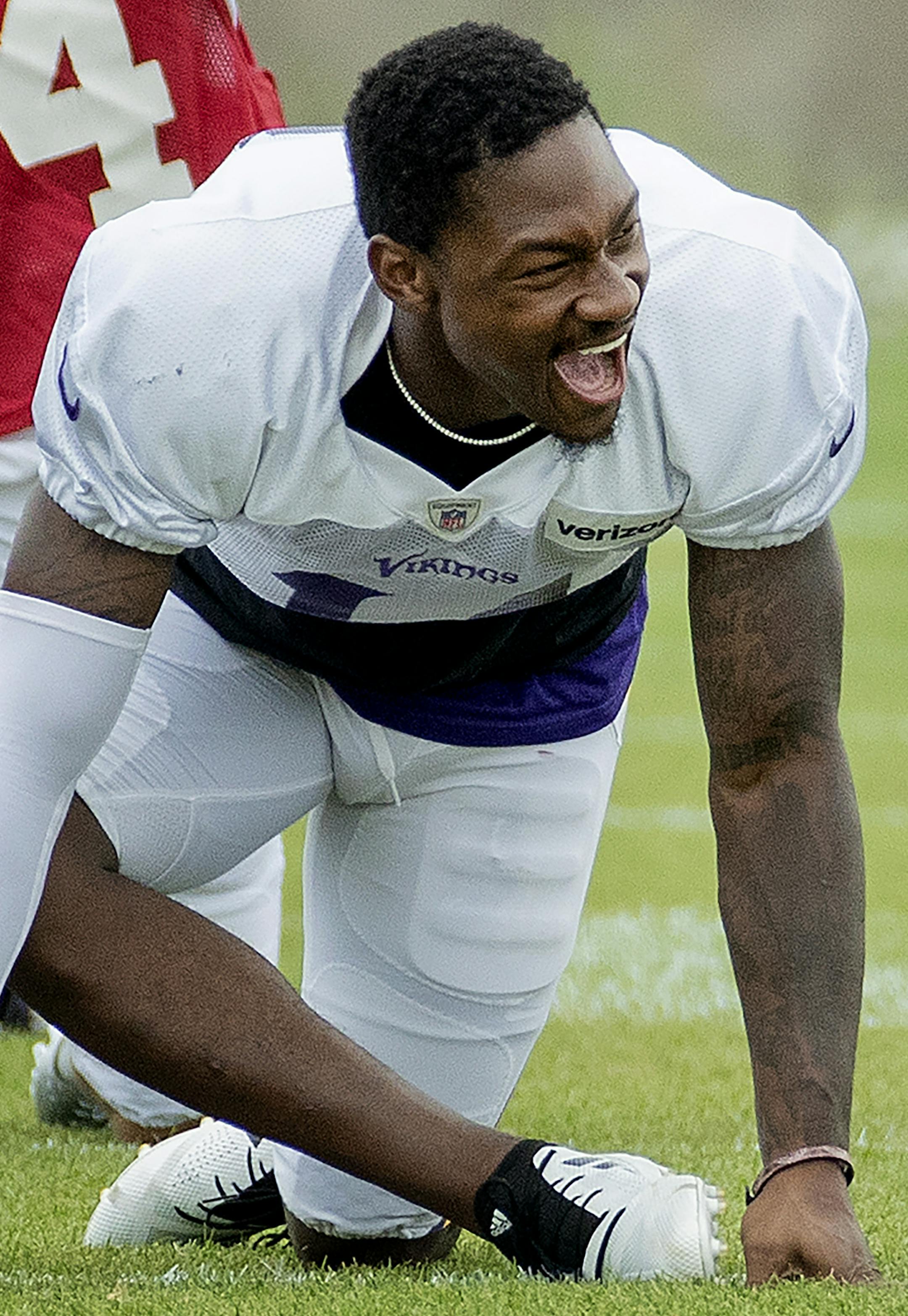 Minnesota Vikings receiver Stefon Diggs laughed during the team stretch. ] CARLOS GONZALEZ &#xef; cgonzalez@startribune.com &#xf1; August 7, 2018, Eagan, MN, Twin Cities Orthopedics Performance Center, Minnesota Vikings Training Camp,
