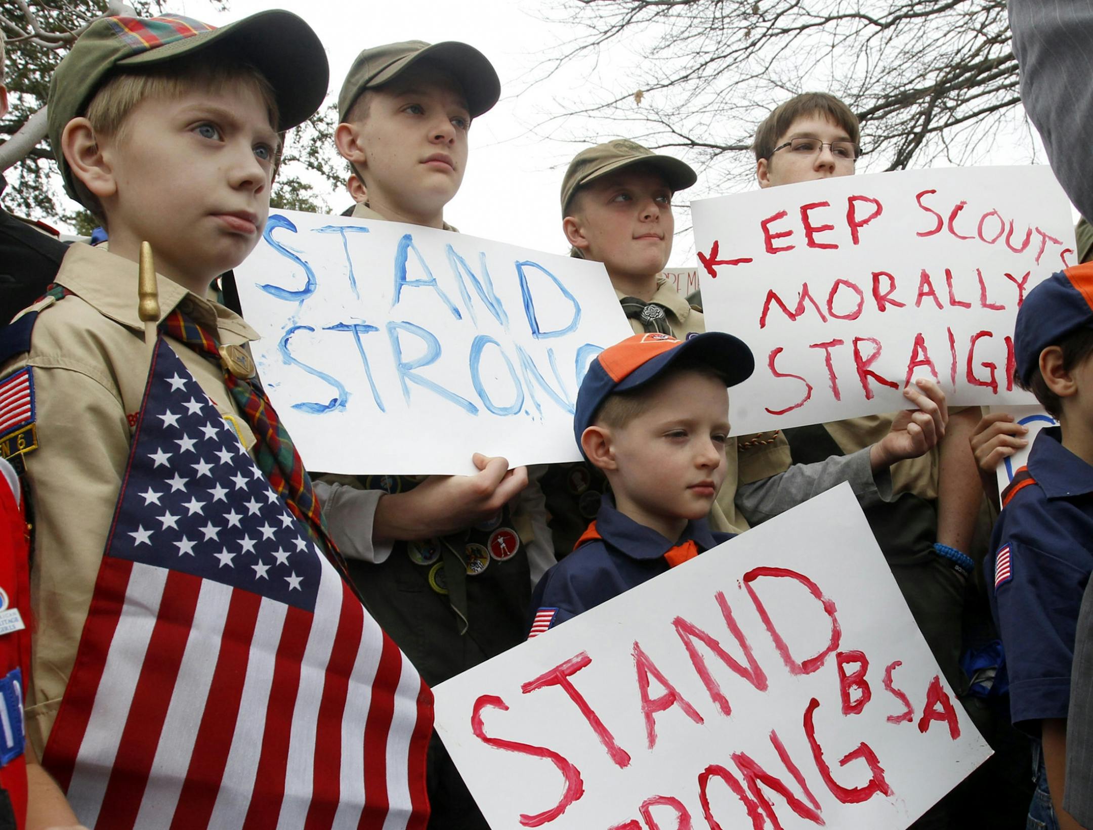 Feb., 2013 photo: "Save Our Scouts" prayer vigil and in front of the Boy Scouts of America national headquarters in Irving, Texas, by people who want to continue ban on gays.