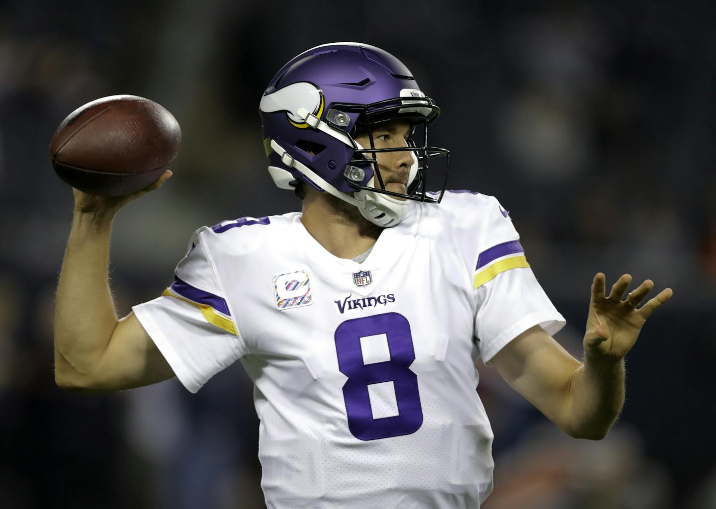 Minnesota Vikings quarterback Sam Bradford (8) warms up before an NFL football game against the Chicago Bears, Monday, Oct. 9, 2017, in Chicago. (AP Photo/Darron Cummings)