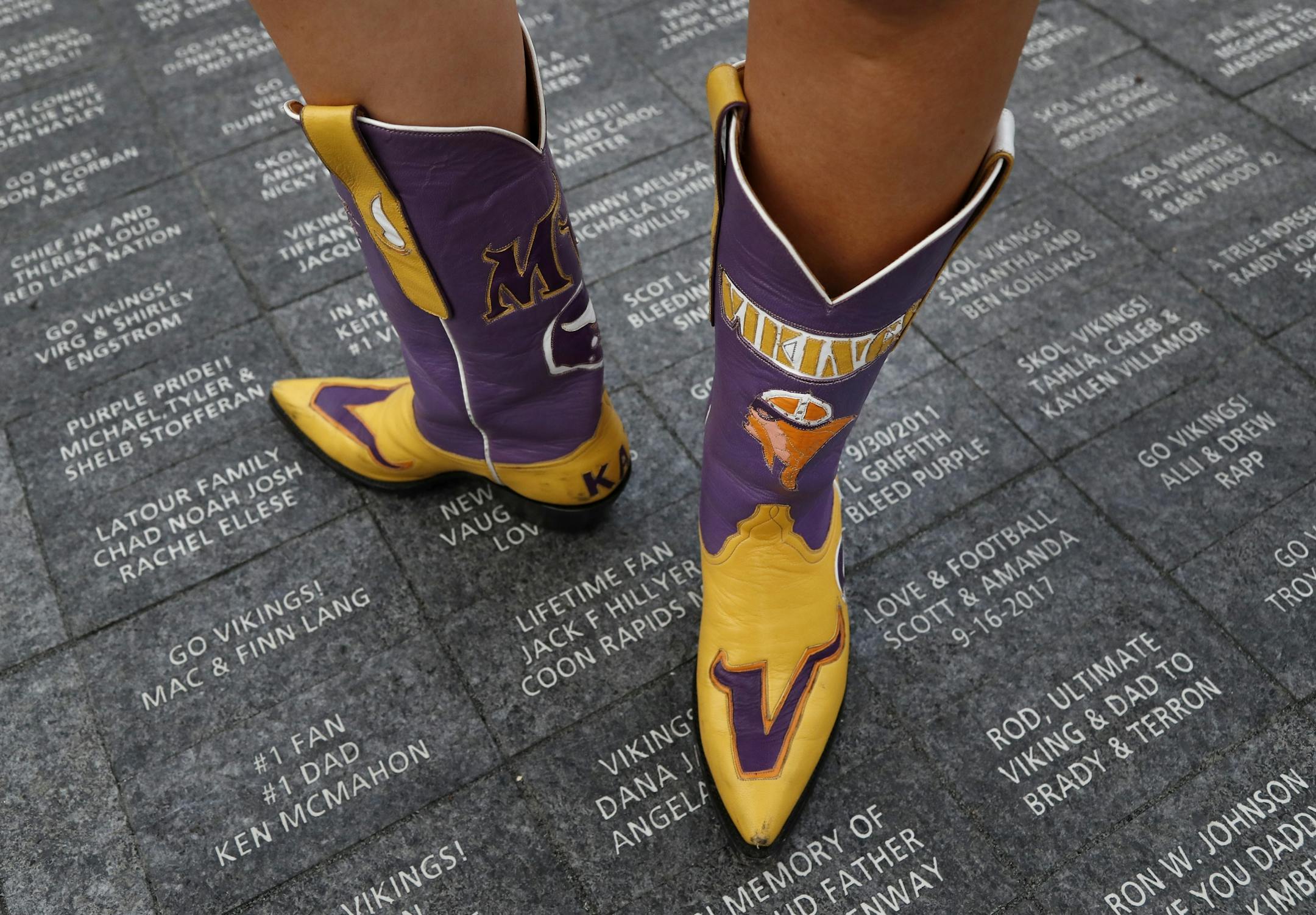 The boots of Vikings fan Jenni Johnson, 46 of Maple Grove.